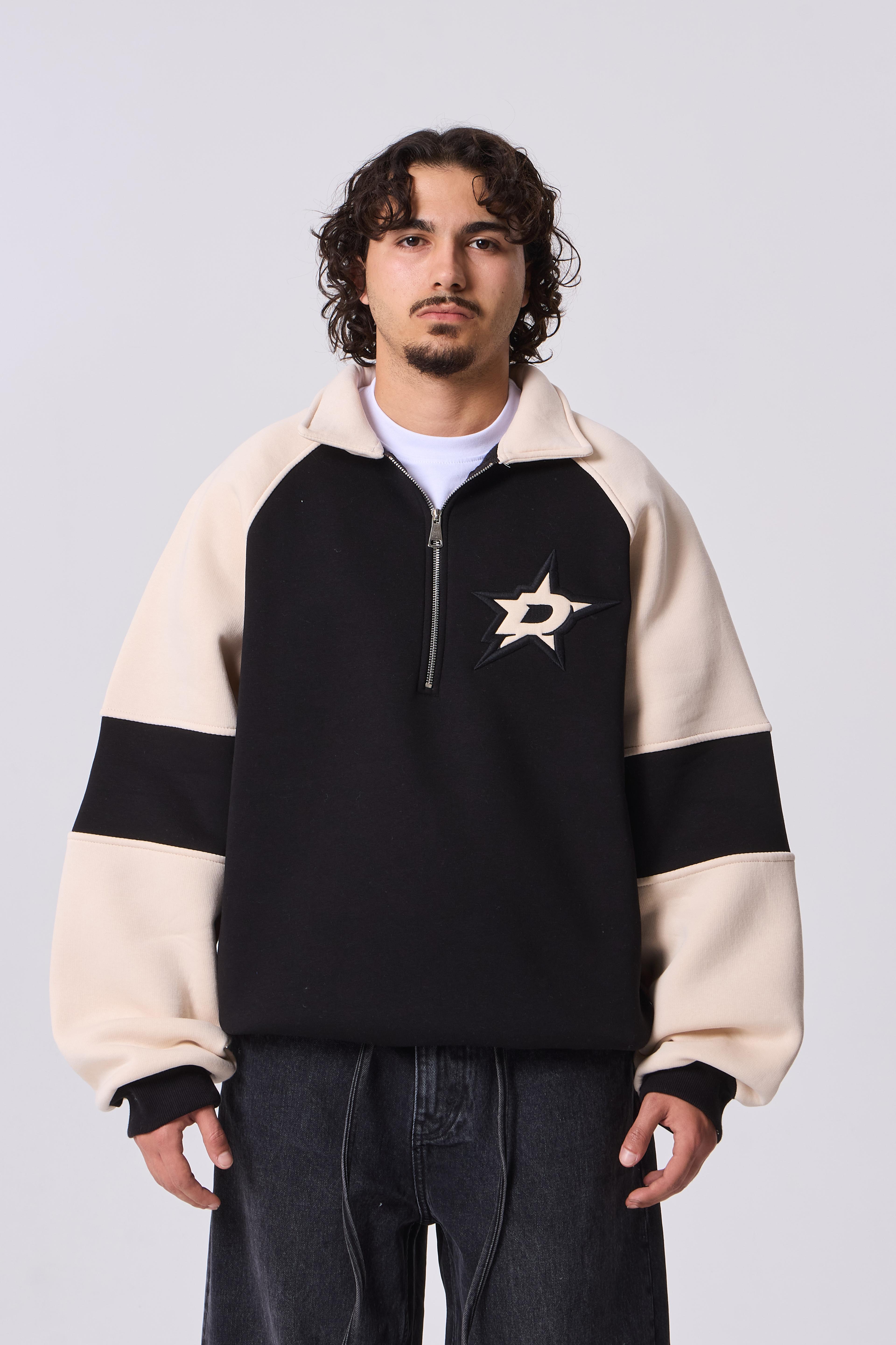 D Star Nakış Detaylı Half-Zip Oversize Sweatshirt - Siyah