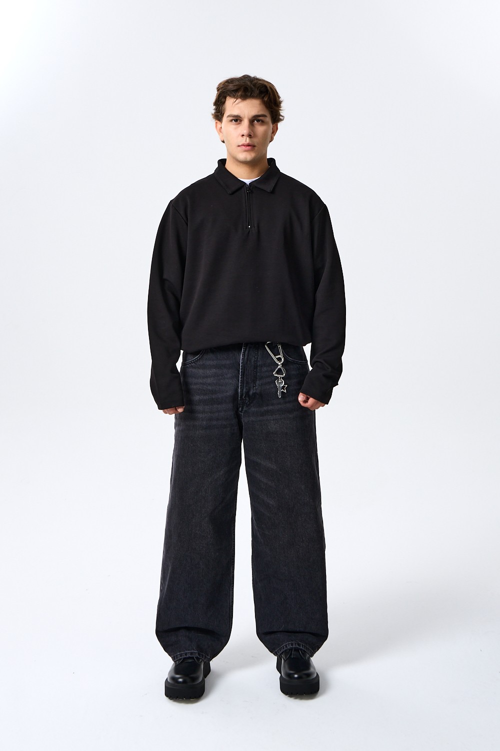 Siyah Half-Zip Basic Polo Yaka Sweatshirt