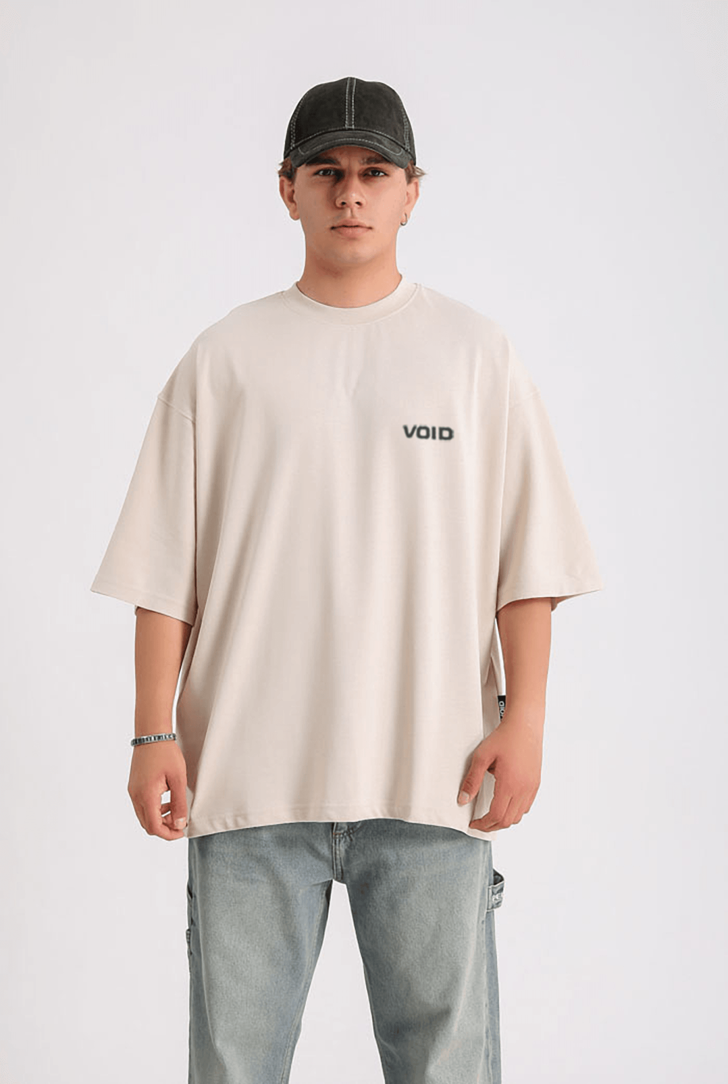 VOID Baskılı Premium Oversize Basic T-shirt - Krem