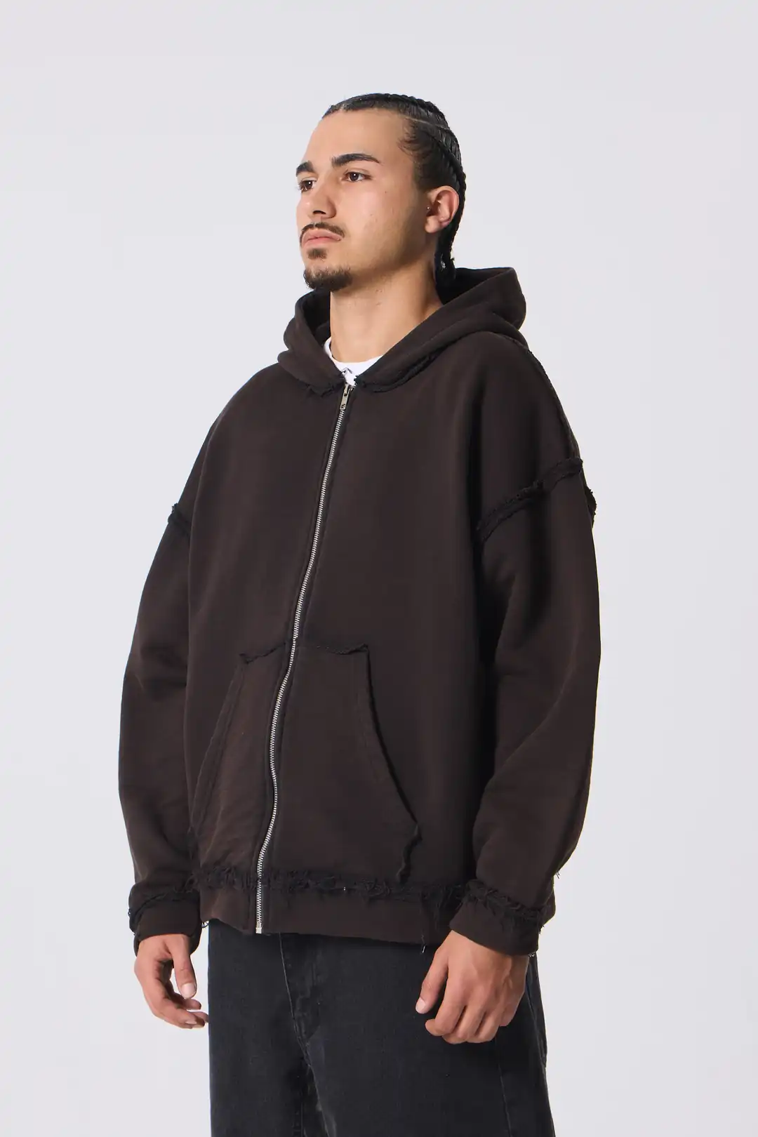 Ters Dikiş Yıkamalı Full-Zip Oversize Kapüşonlu Sweatshirt