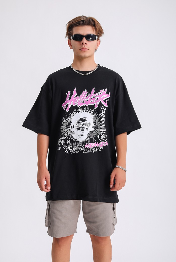 Hell Star Baskılı Siyah Oversize T-shirt