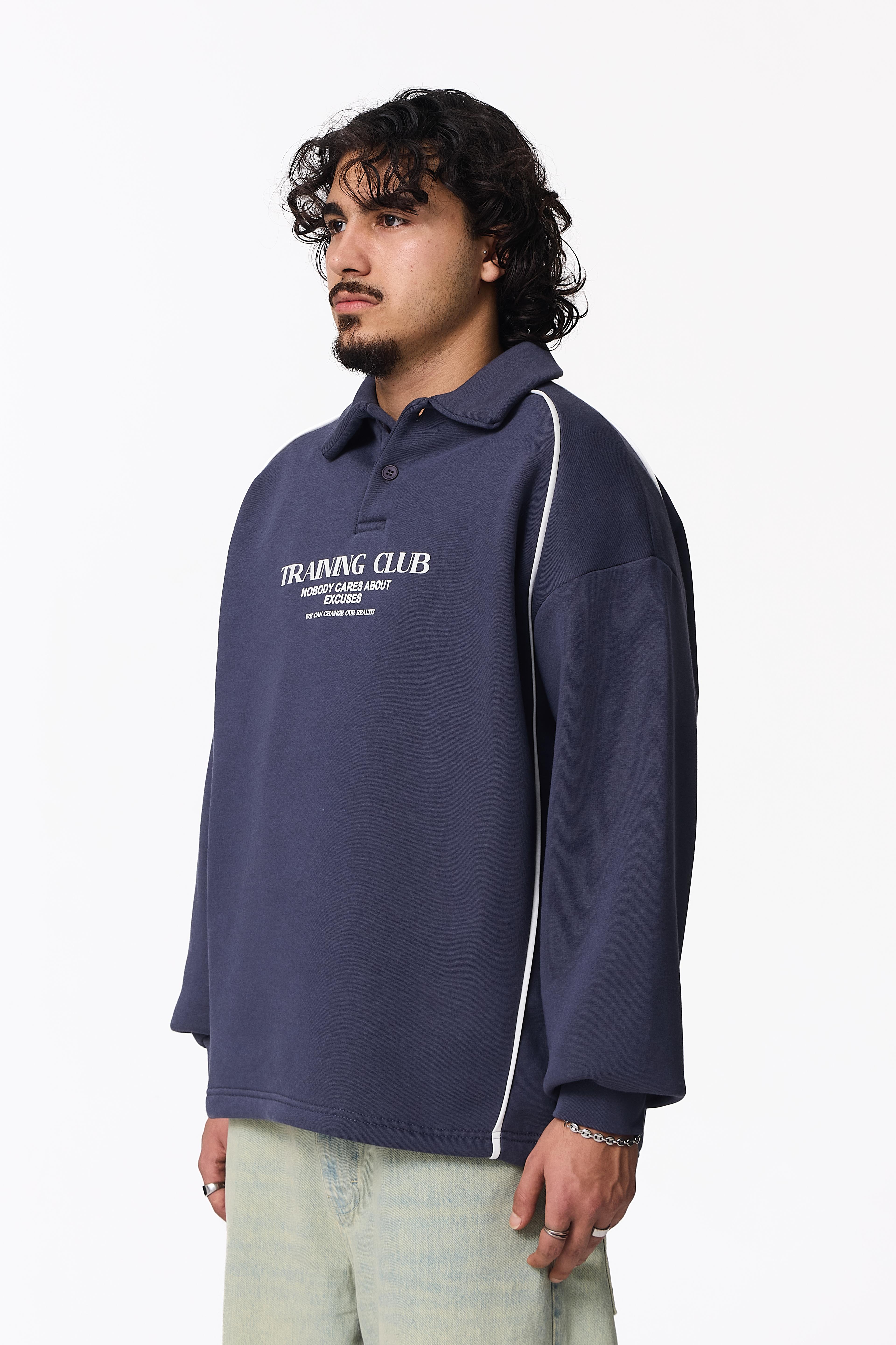 Training Club Baskılı Polo Yaka Oversize Sweatshirt