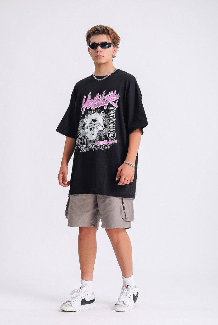 Hell Star Baskılı Siyah Oversize T-shirt