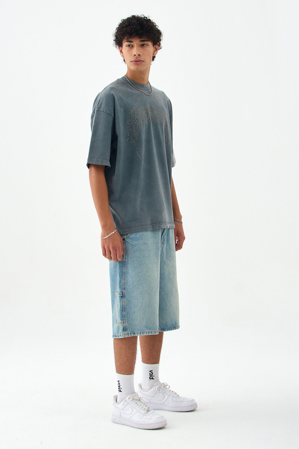 Taş Detaylı Hindu Acid Wash Oversize Tişört