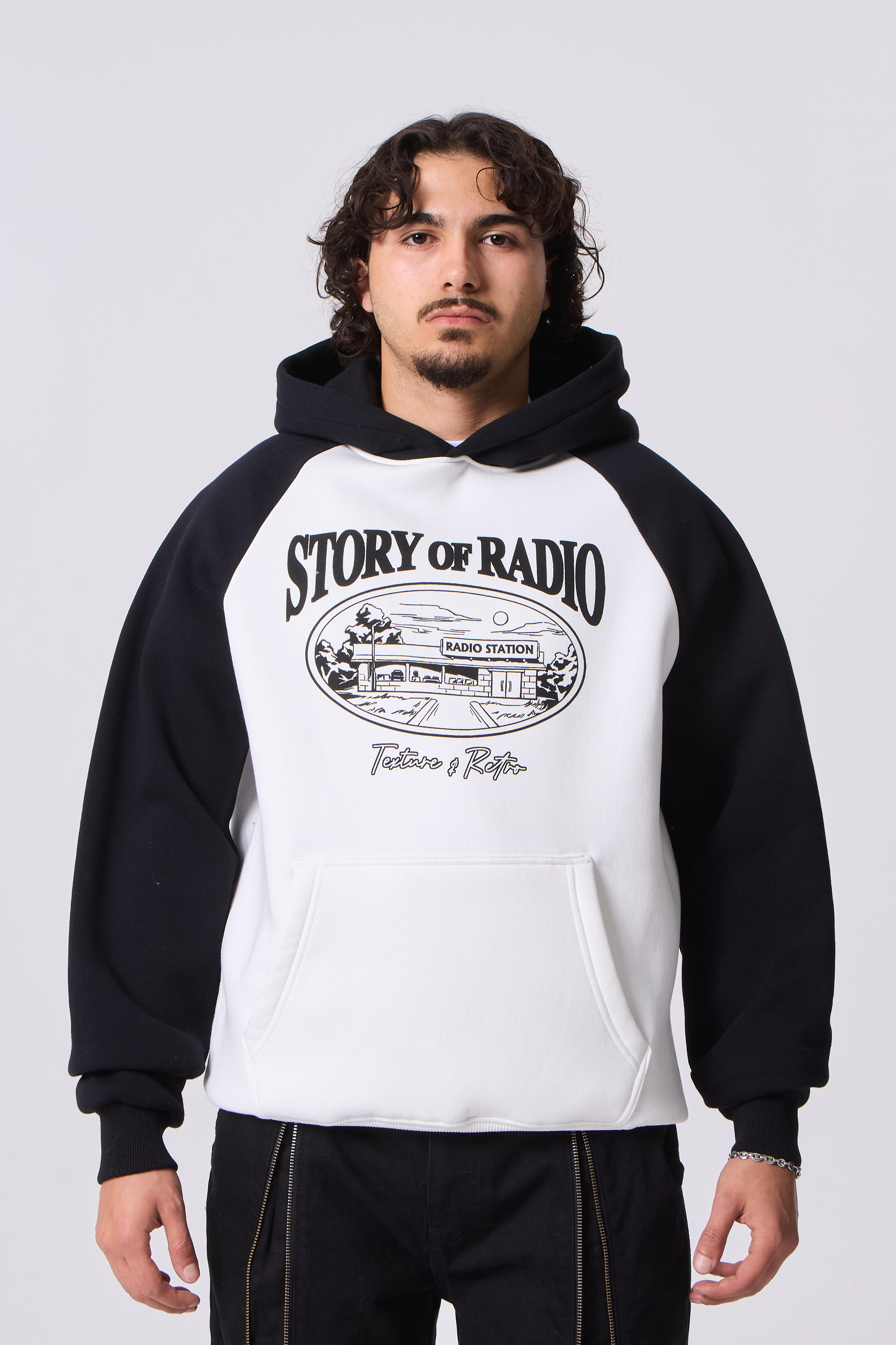 Story of Radio Baskılı Oversize Kapüşonlu Sweatshirt - Siyah