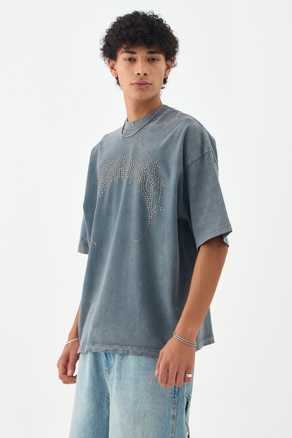 Taş Detaylı Hindu Acid Wash Oversize Tişört