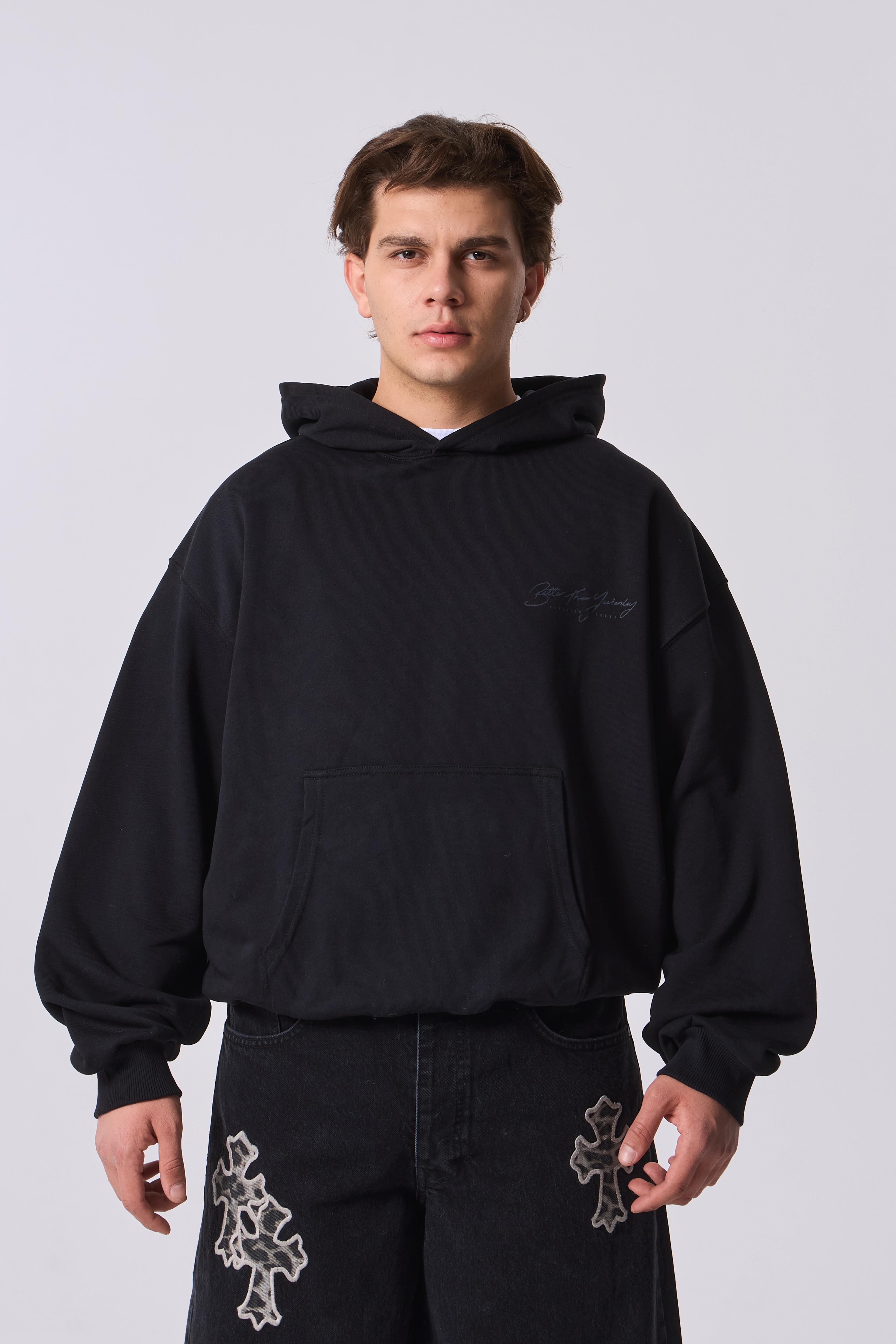 VNQSH Baskı Detaylı Oversize Kapüşonlu Sweatshirt - Siyah