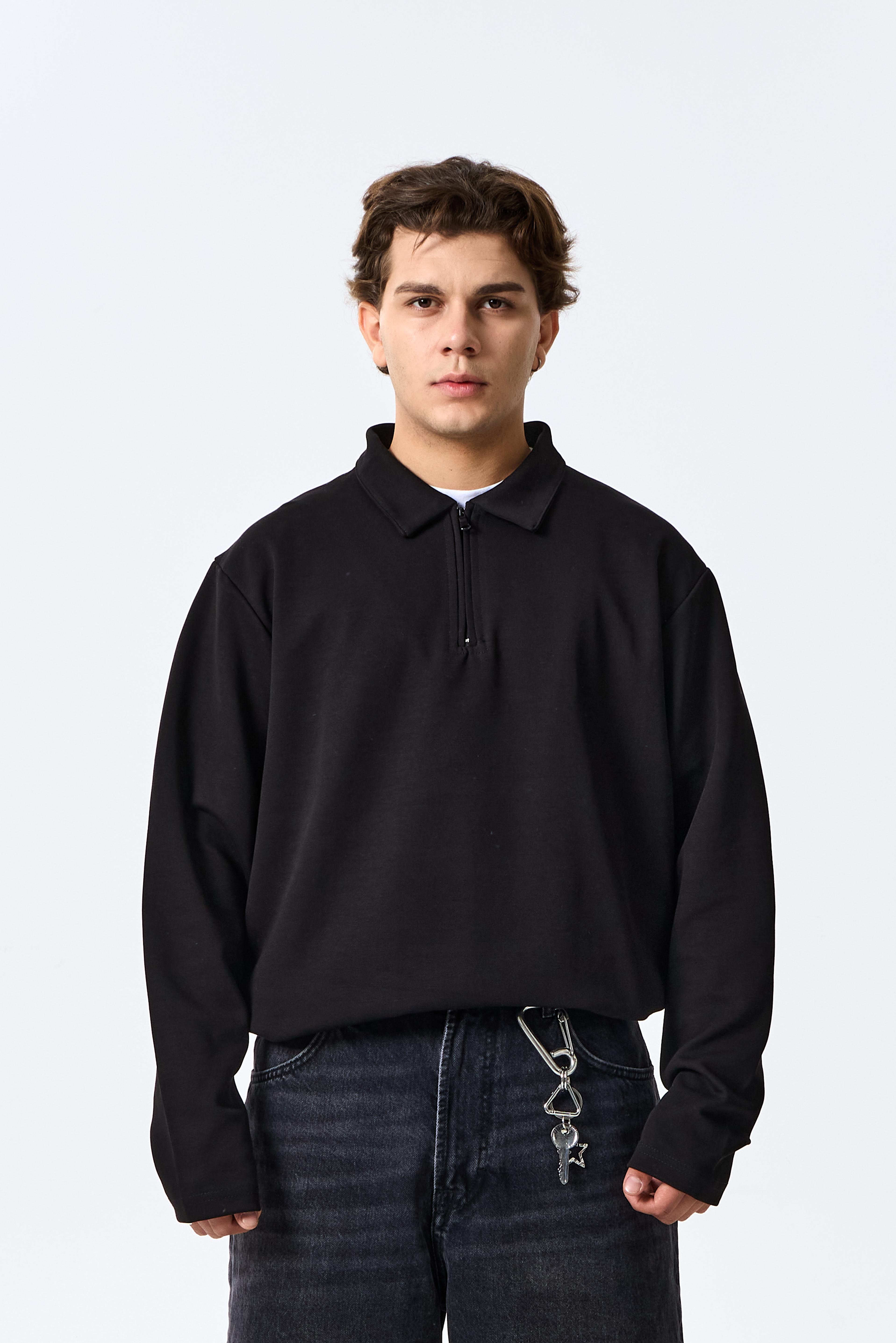 Siyah Half-Zip Basic Polo Yaka Sweatshirt - Siyah