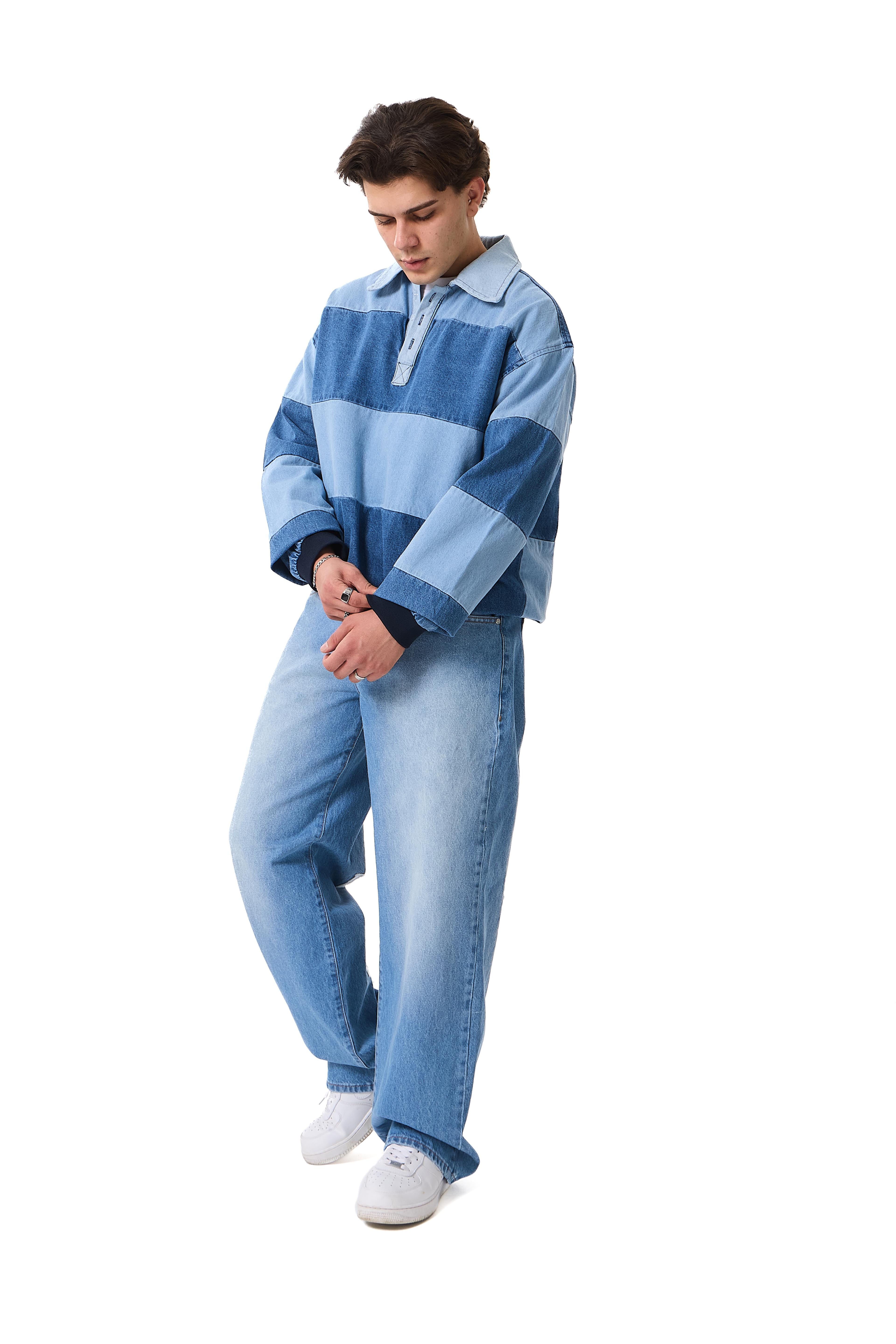 Blok Renkli Polo Yaka Denim Oversize Sweatshirt