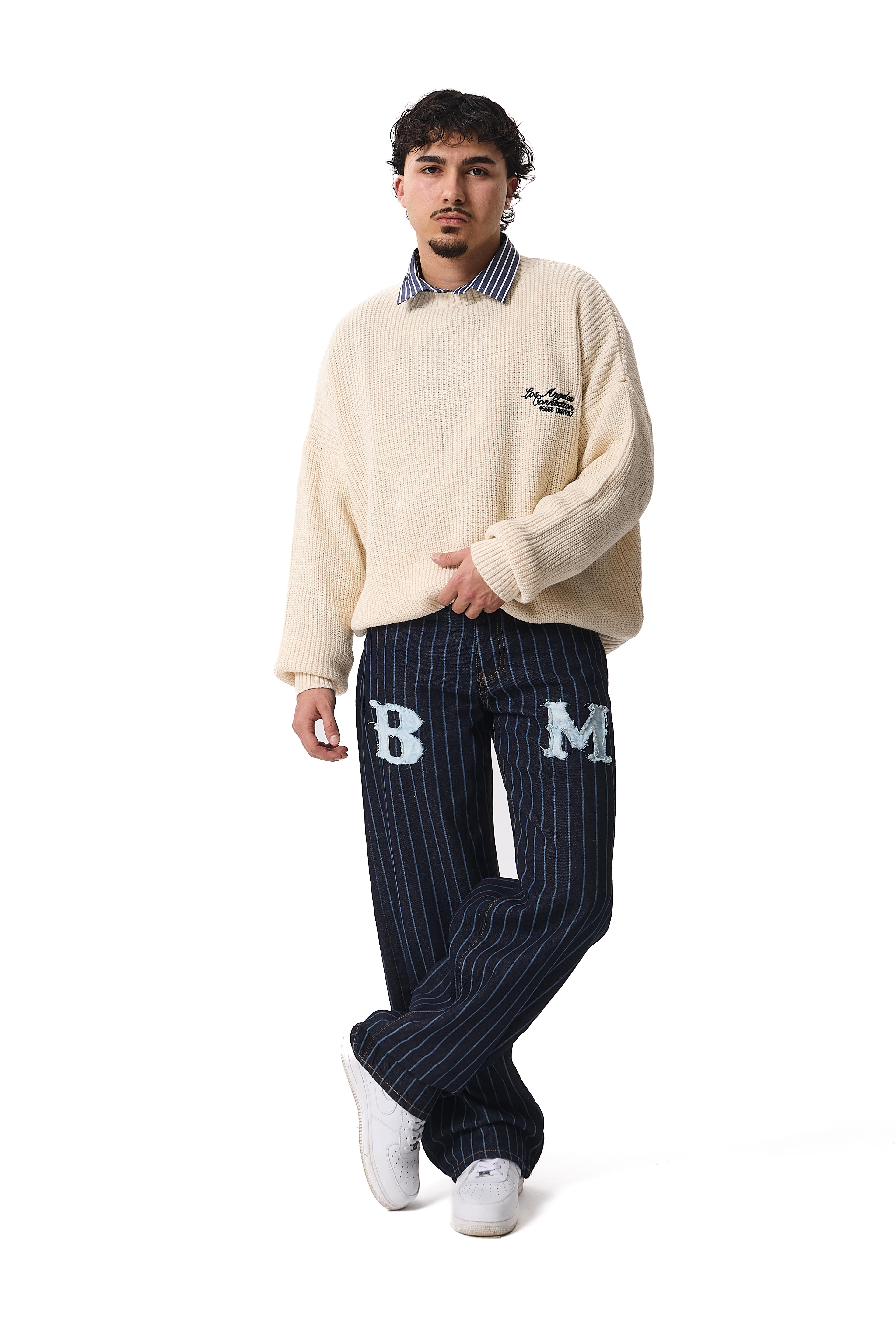 BM Nakışlı Çizgili Baggy Pantolon