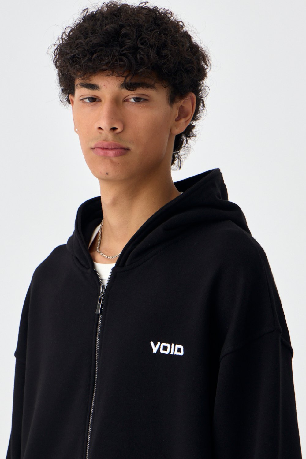 VOID Nakış Detaylı Siyah Premium Oversize Full-Zip Hoodie