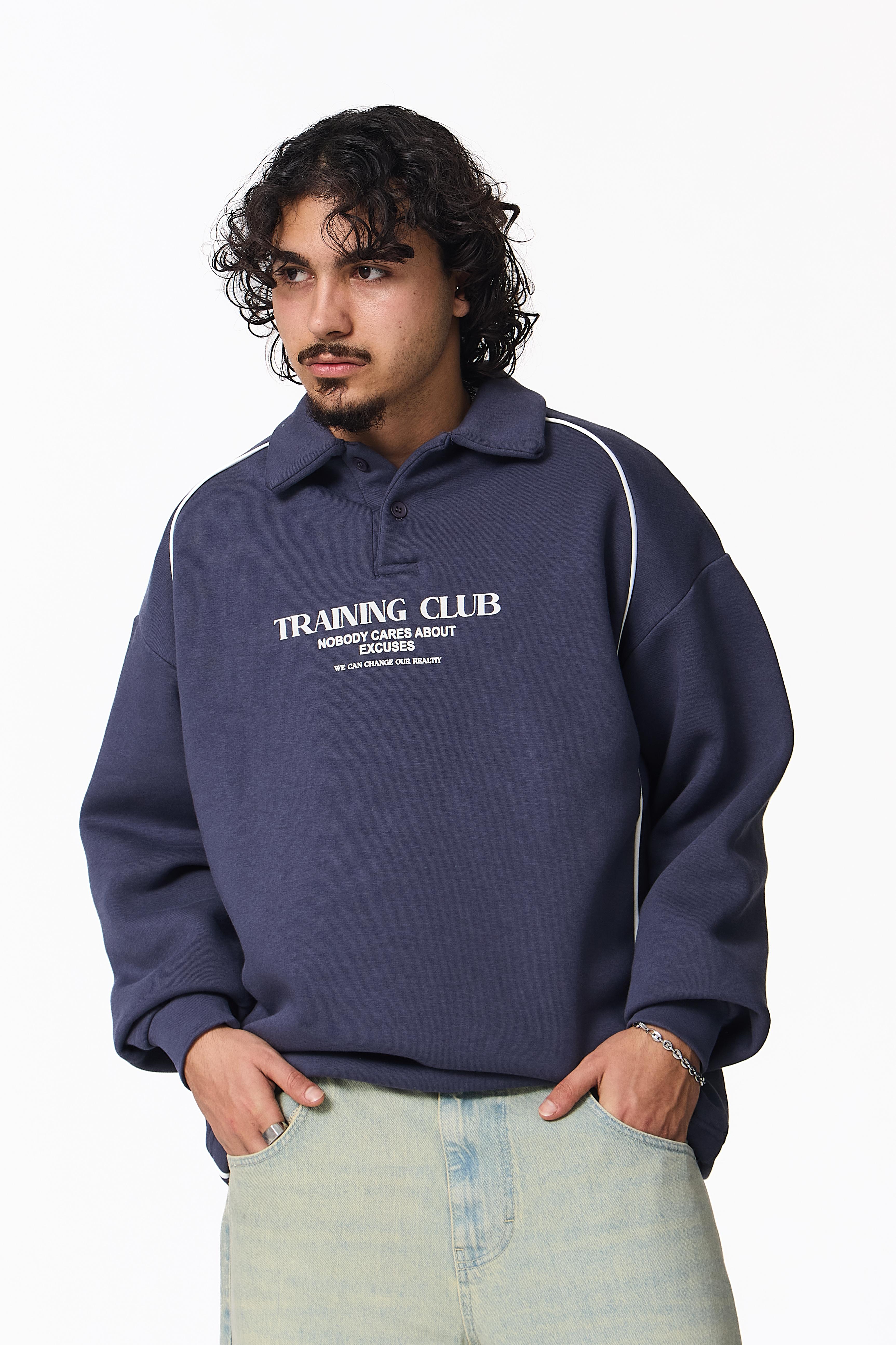 Training Club Baskılı Polo Yaka Oversize Sweatshirt