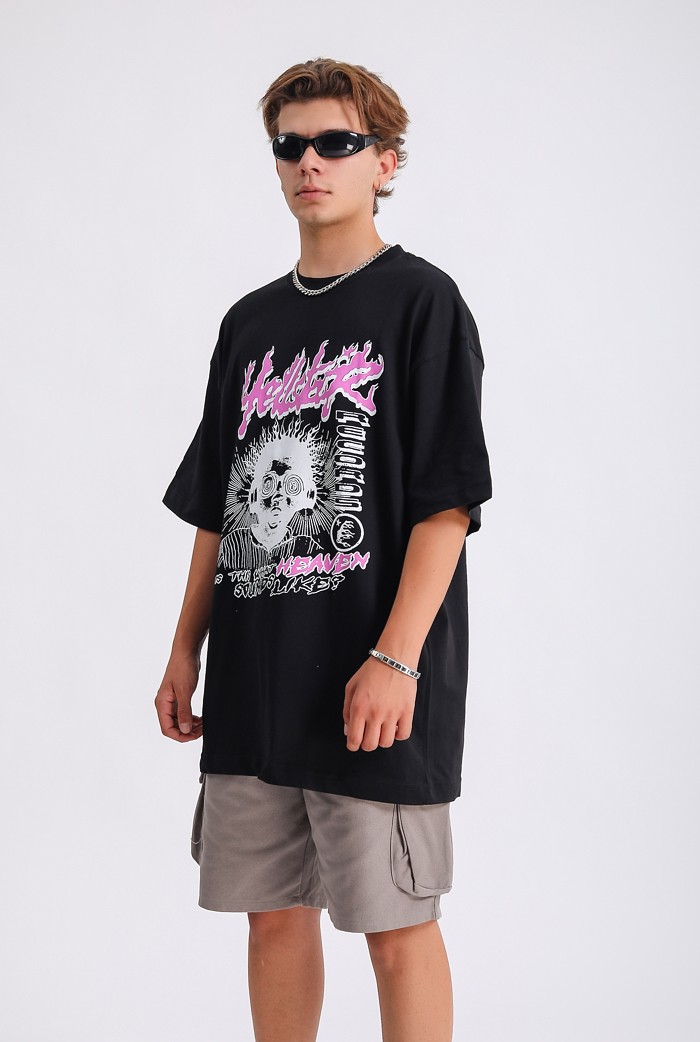 Hell Star Baskılı Siyah Oversize T-shirt