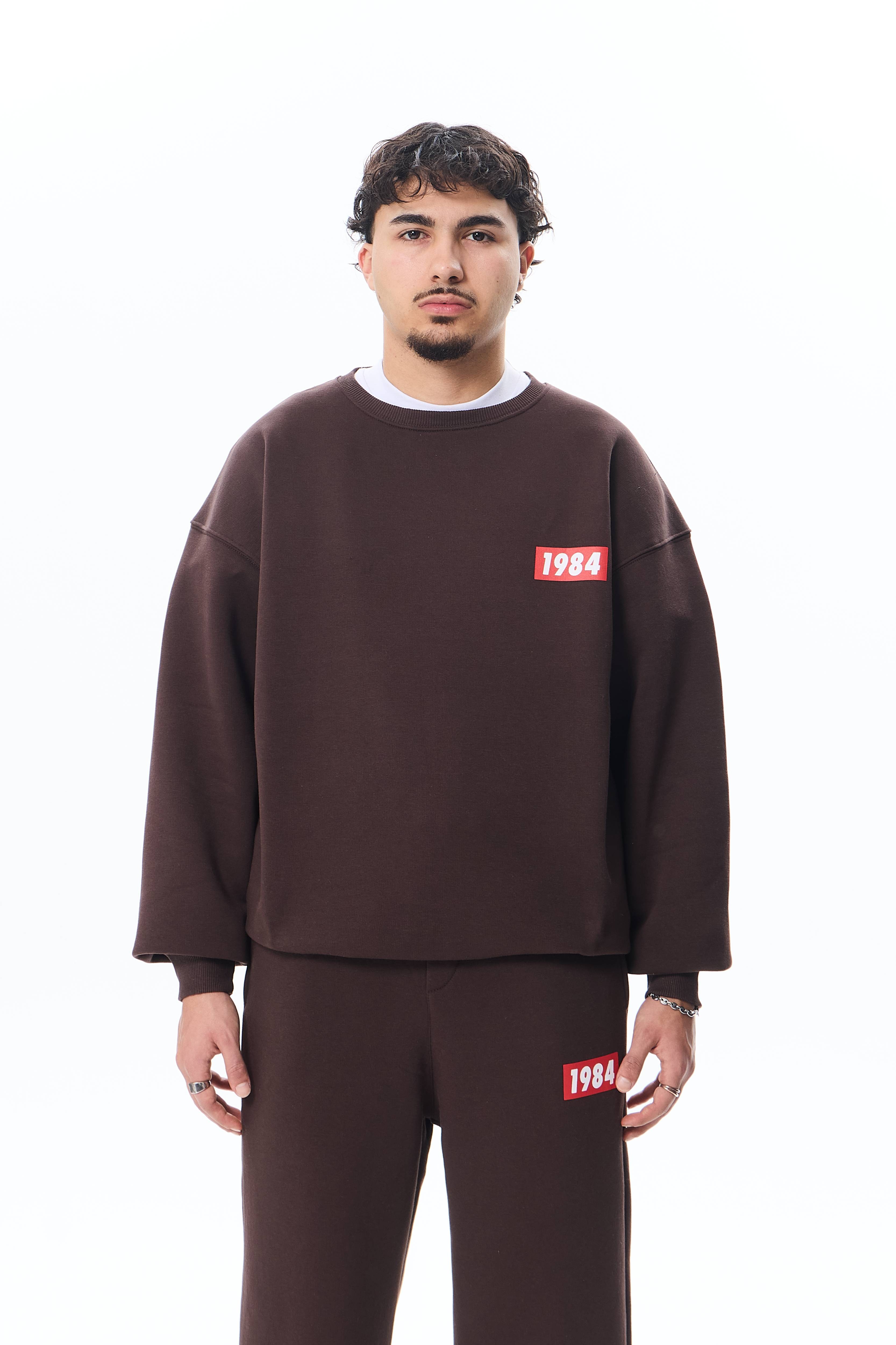 1984 Baskı Detaylı Premium Oversize Sweatshirt - Kahverengi