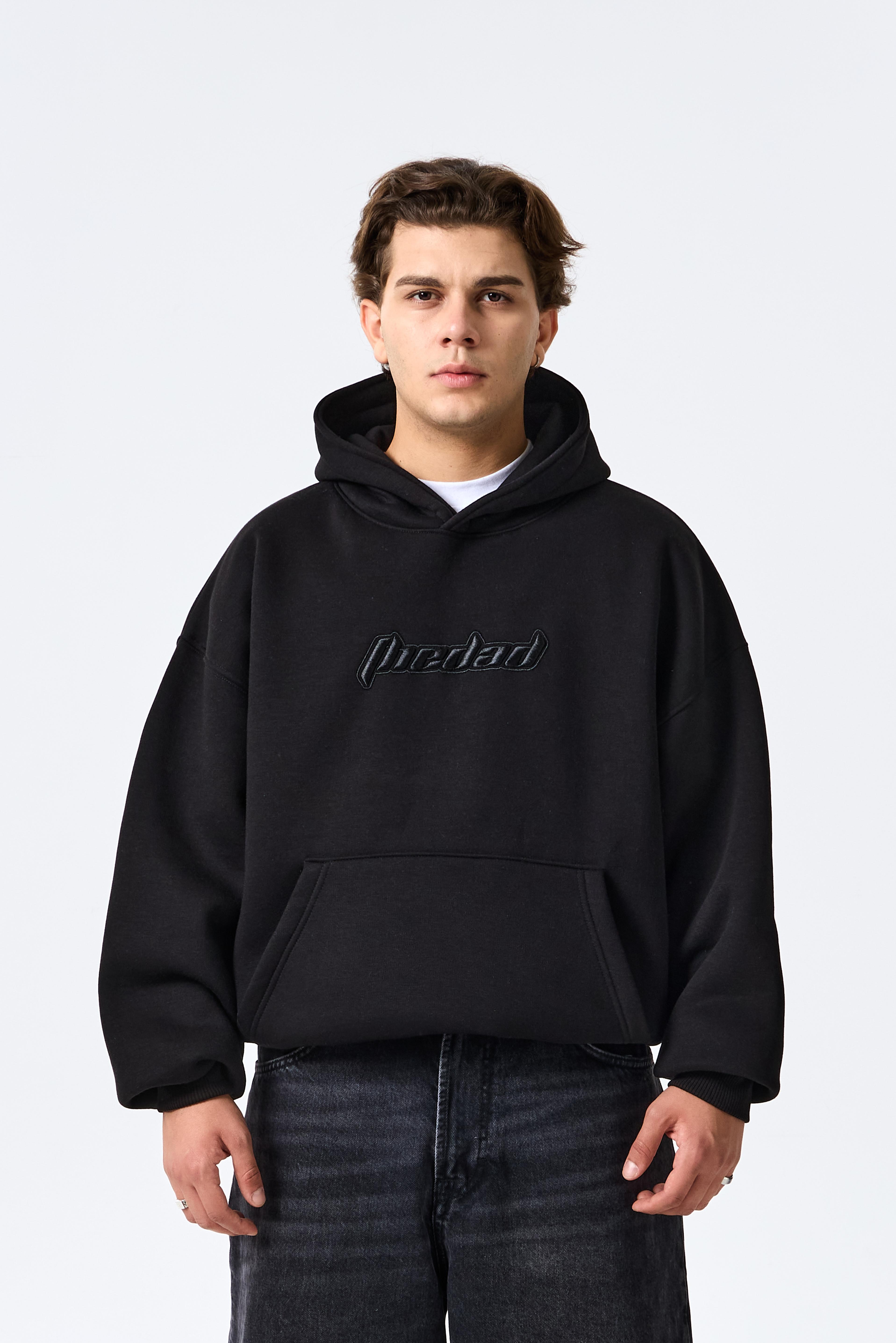 TD Kabartma Nakış Detaylı Taş Rengi Oversize Kapüşonlu Sweatshirt - Siyah