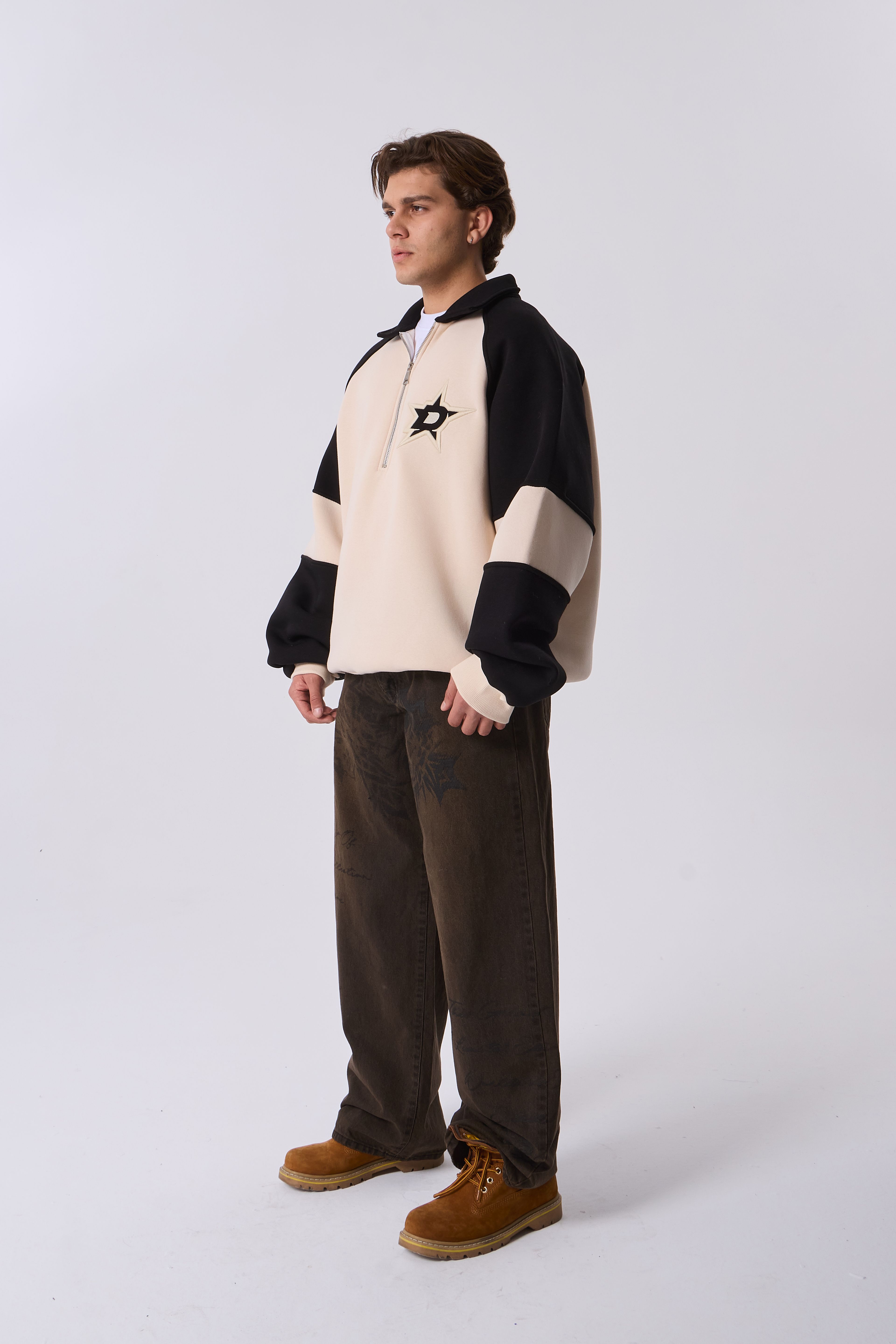 D Star Nakış Detaylı Half-Zip Oversize Sweatshirt