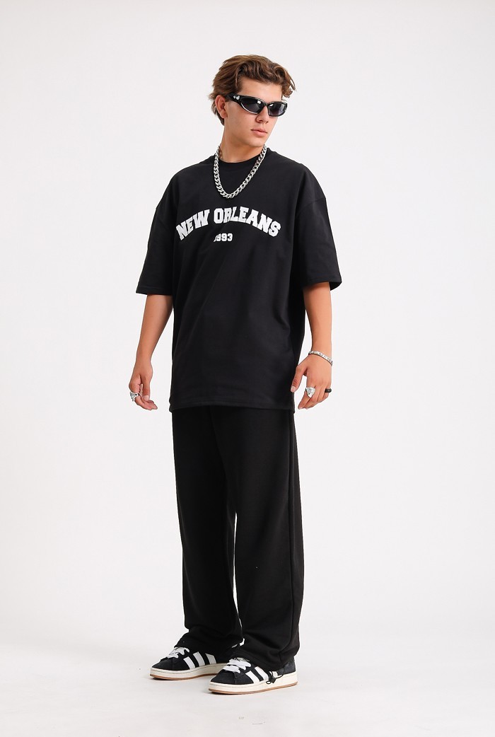 NEW ORLEANS Siyah Baskılı Oversize T-shirt