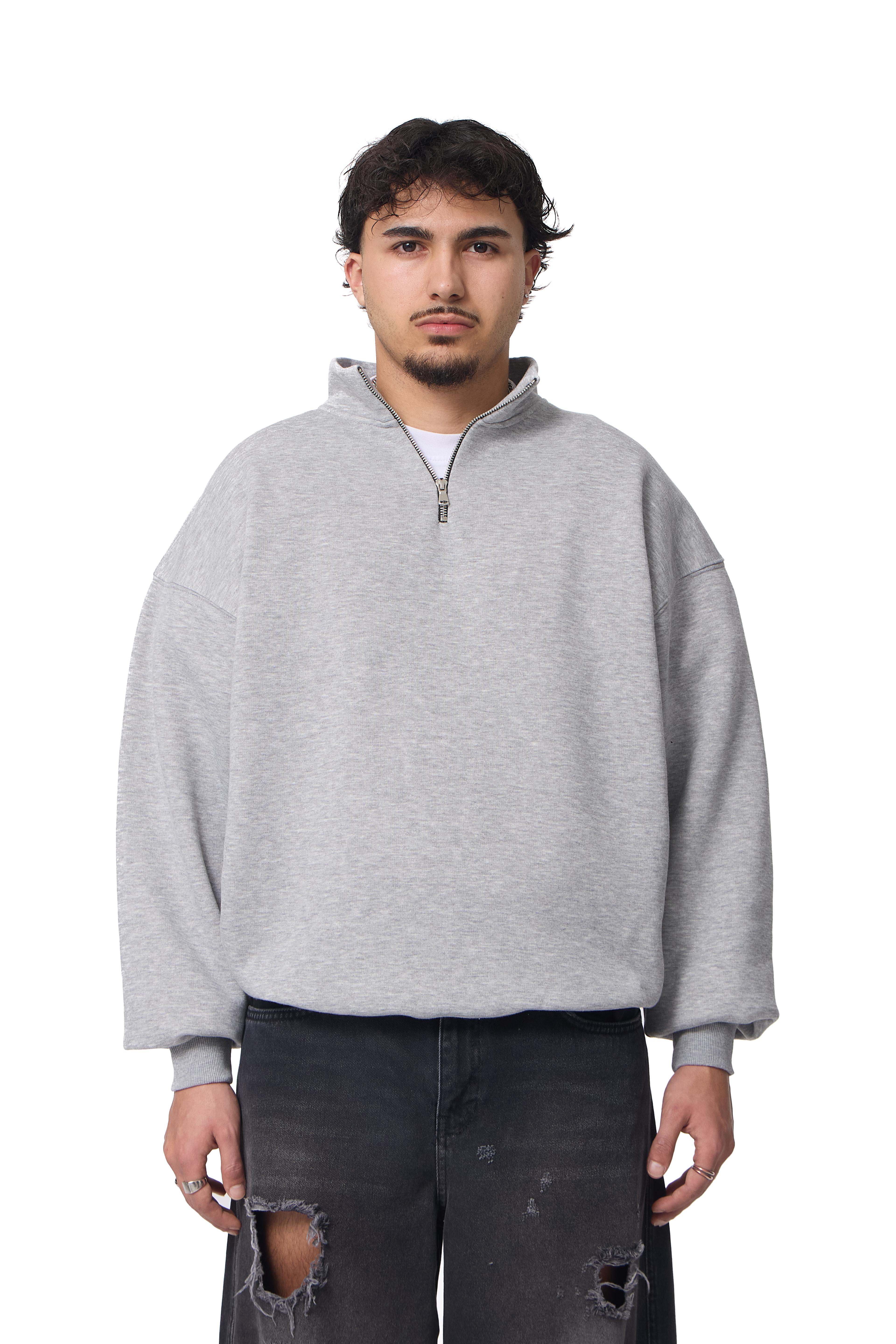 Fermuar Detaylı Basic Half-Zip Oversize Sweatshirt - Açık Gri