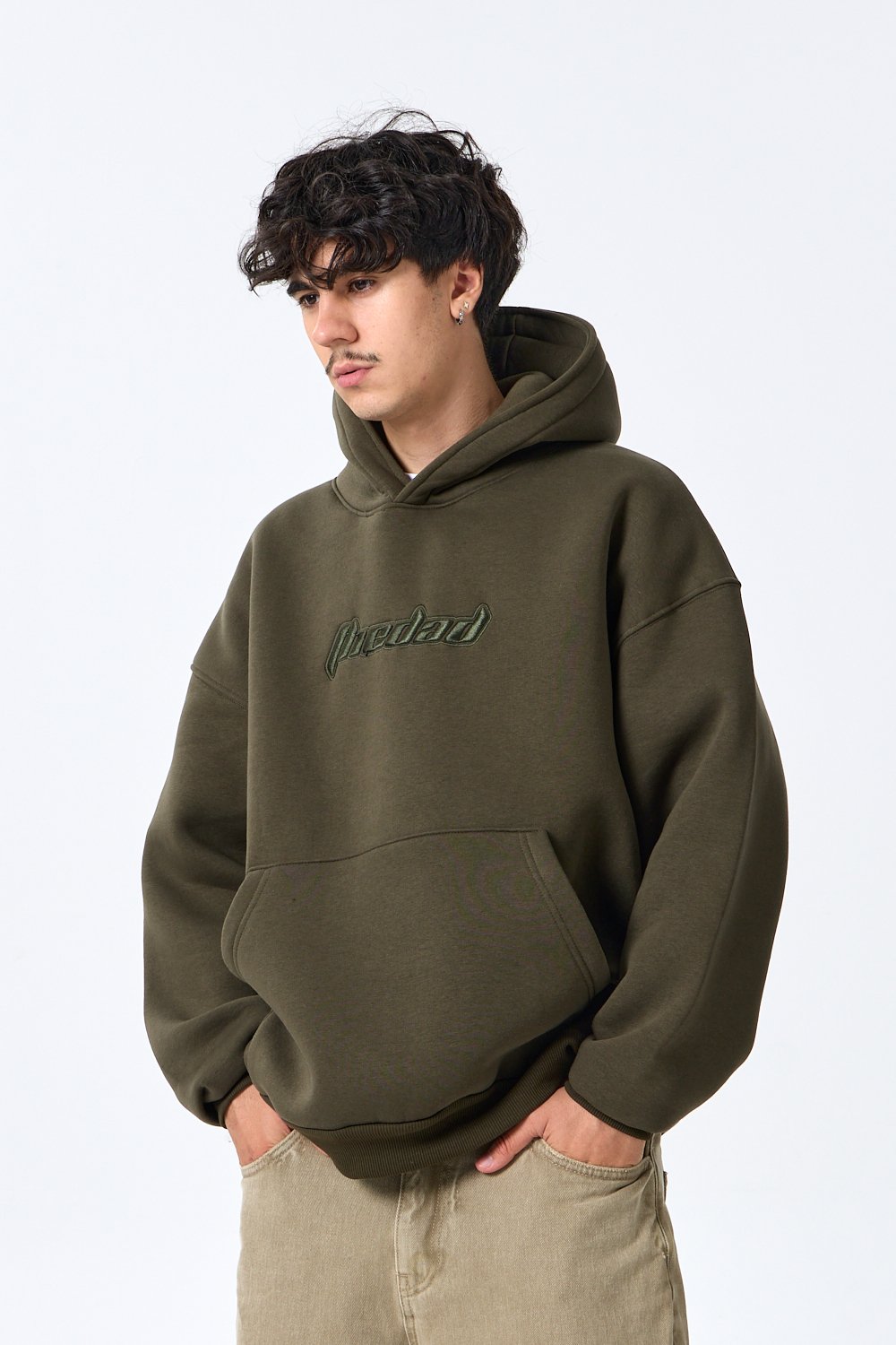 TD Kabartma Nakış Detaylı Taş Rengi Oversize Kapüşonlu Sweatshirt