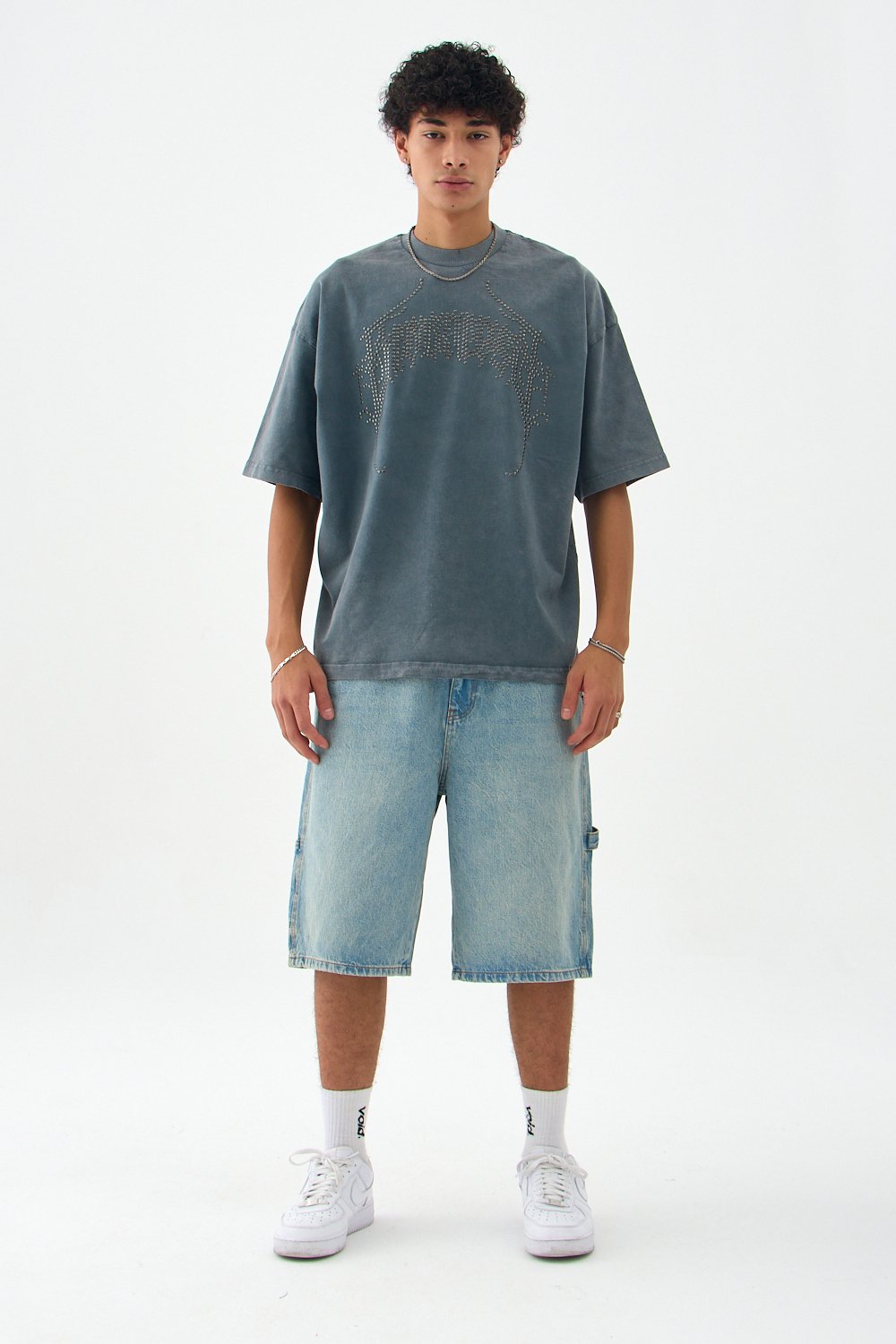 Taş Detaylı Hindu Acid Wash Oversize Tişört