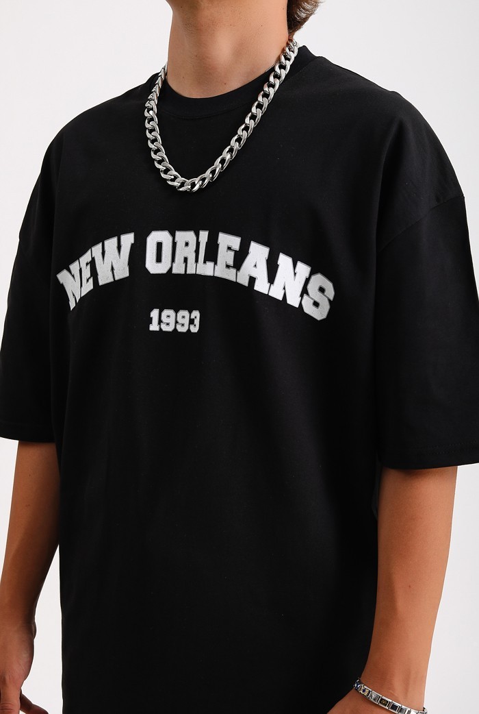 NEW ORLEANS Siyah Baskılı Oversize T-shirt