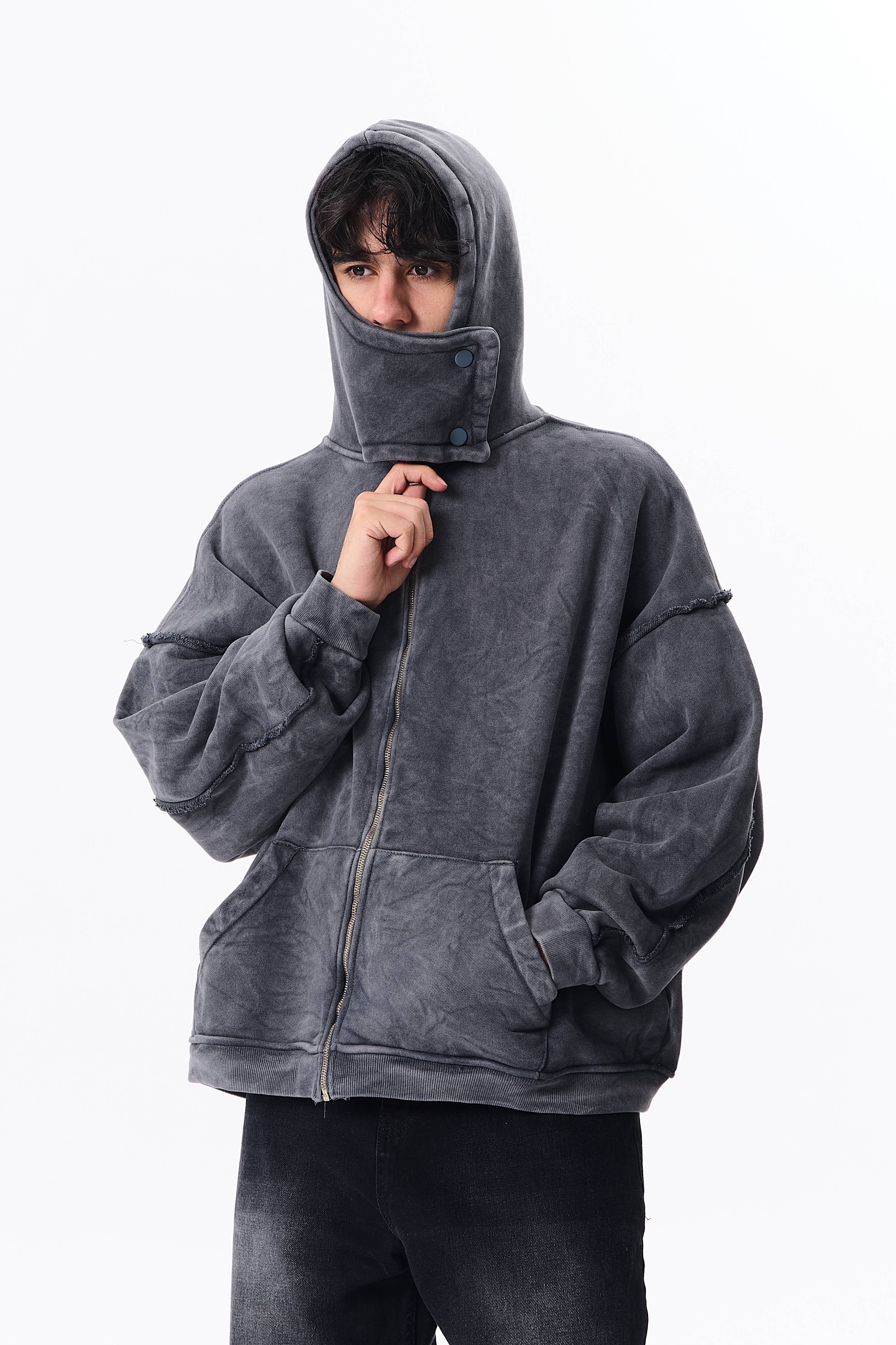 Maske Detaylı Diyagonal Premium Kapüşonlu Oversize Sweatshirt