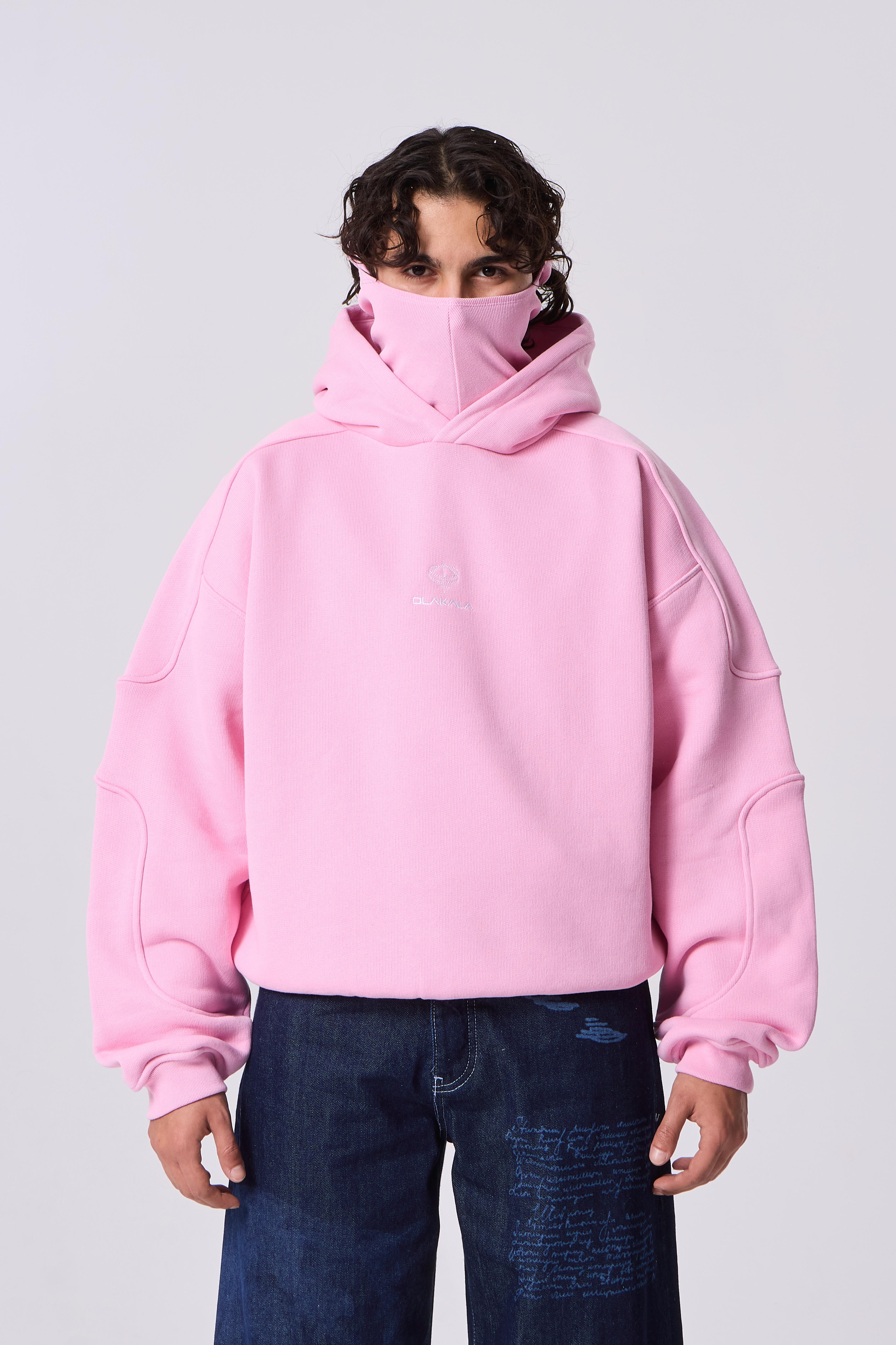 OLK Maske Detaylı Nakışlı Diagonal Kapüşonlu Sweatshirt - Pembe