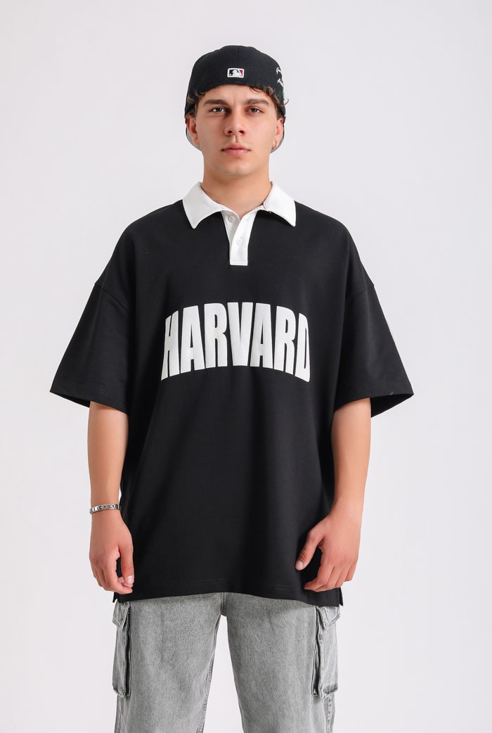 Harvard Polo Yaka Oversize Tee - Siyah