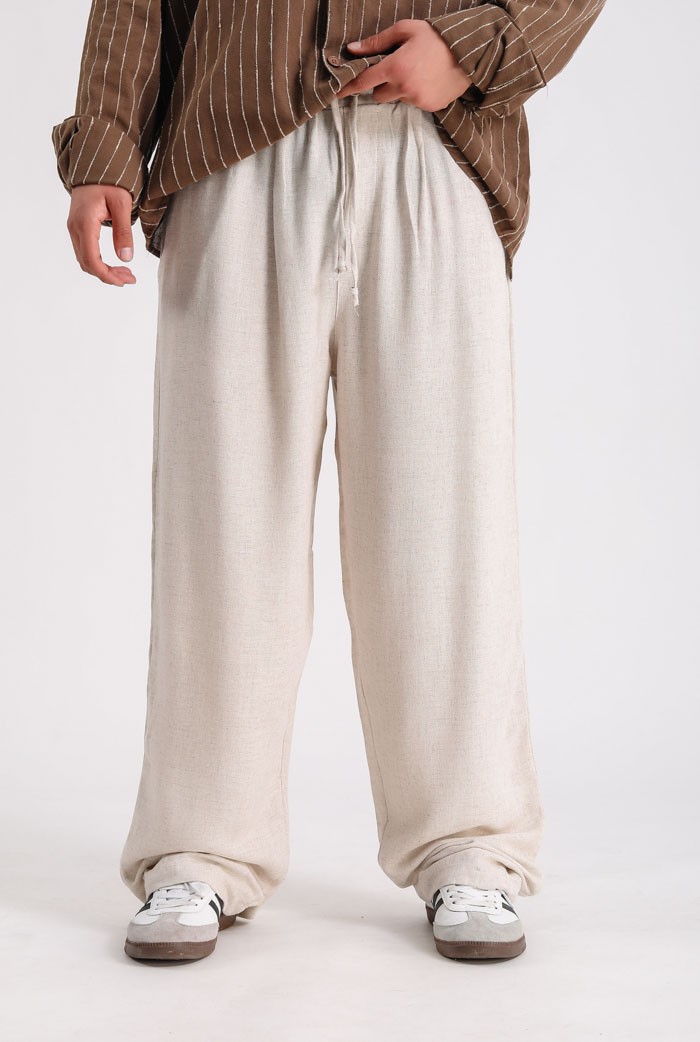 Çizgi Detaylı Premium Keten Baggy Pantolon - Krem