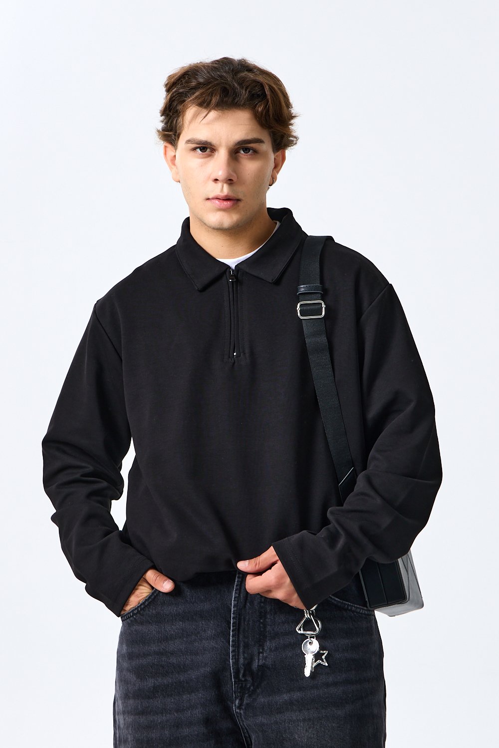 Siyah Half-Zip Basic Polo Yaka Sweatshirt