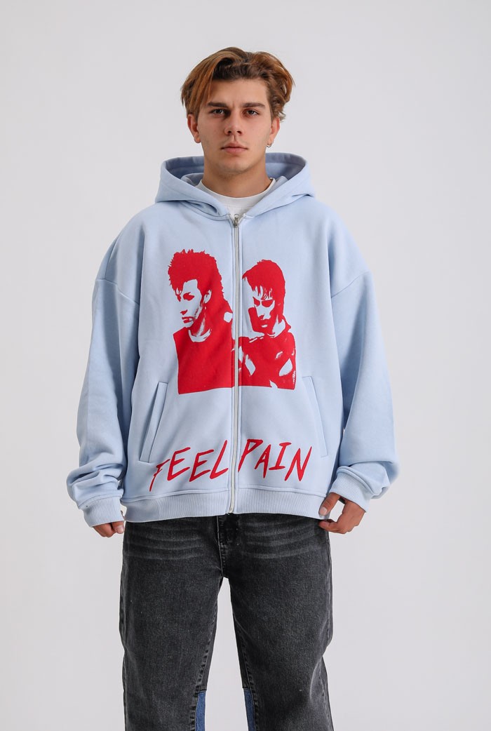 Feel The Pain Baskılı Premium Oversize Zip Hoodie - Açık Mavi