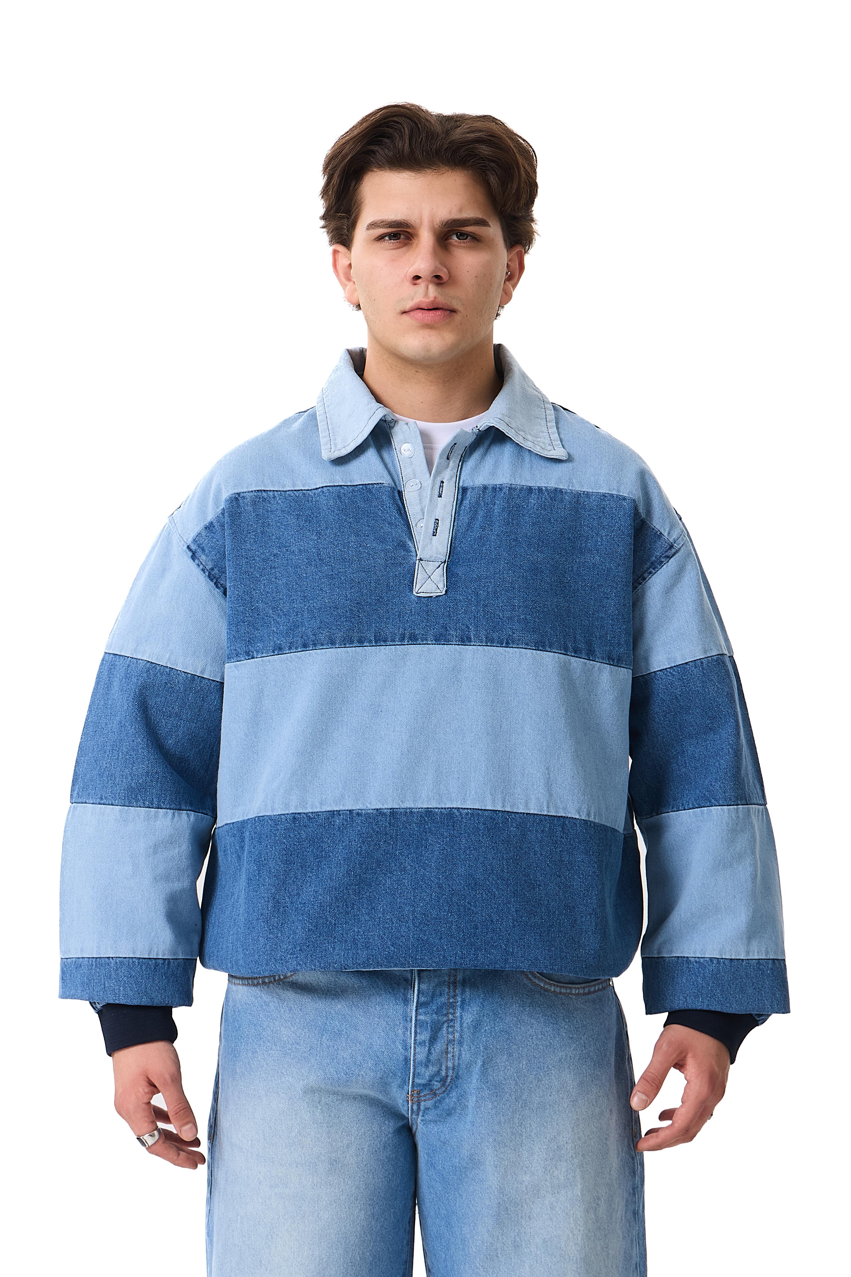 Blok Renkli Polo Yaka Oversize Denim Sweatshirt