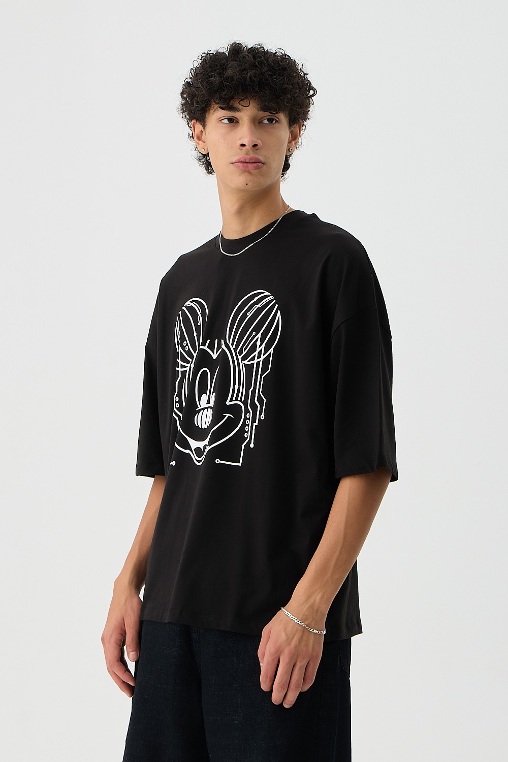 Mickey Baskılı Siyah Oversize Tişört