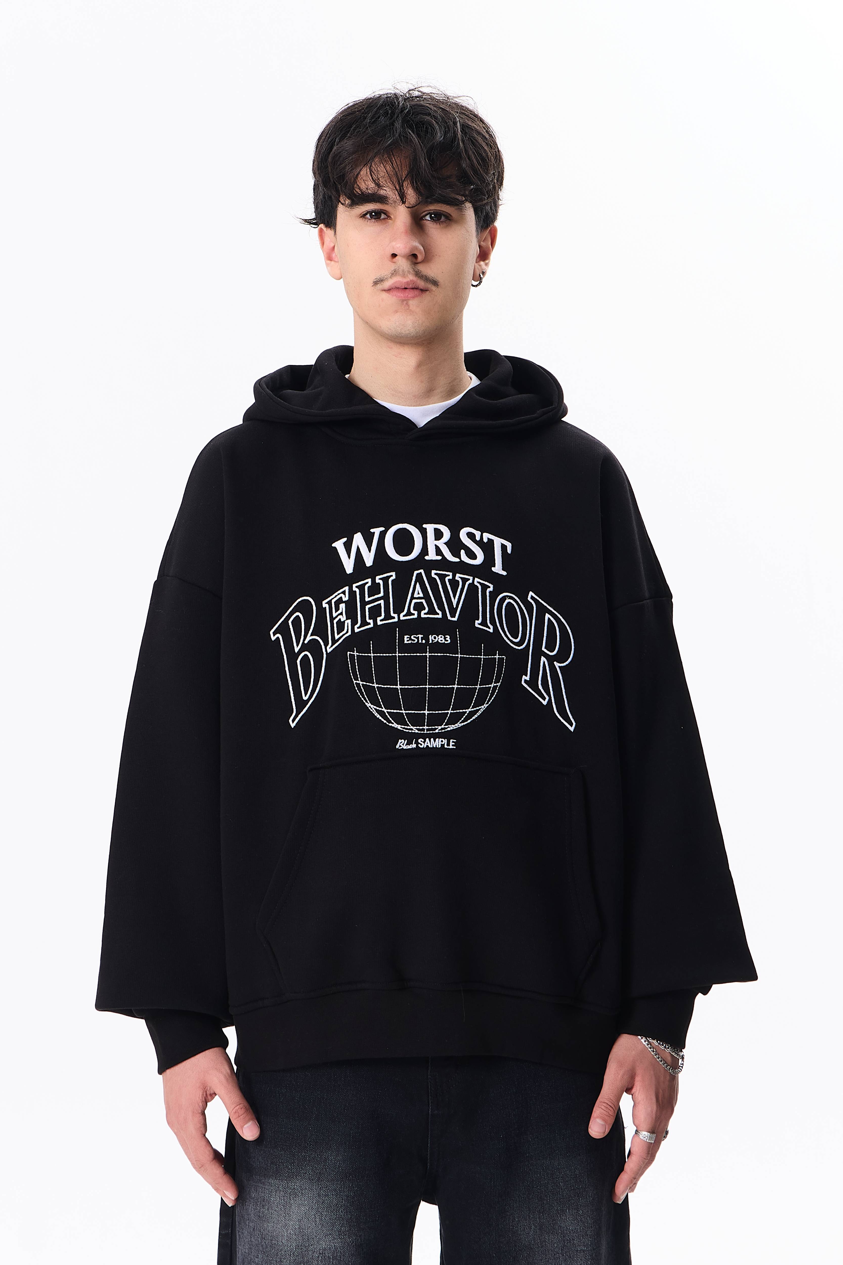 Worst Behavior Nakışlı Premium Oversize Sweatshirt - Siyah