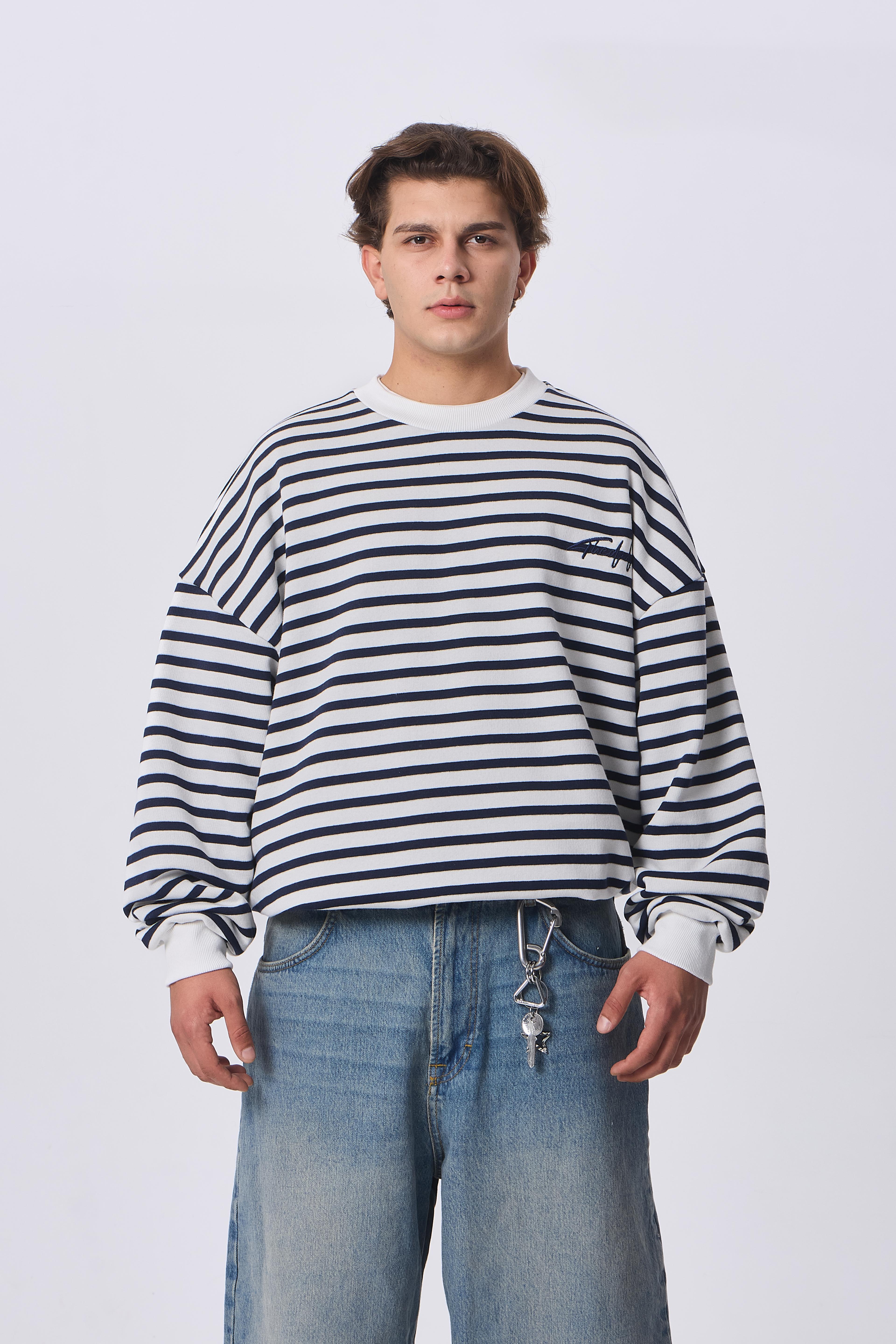 TD Nakış Detaylı Çizgili Oversize Premium Sweatshirt