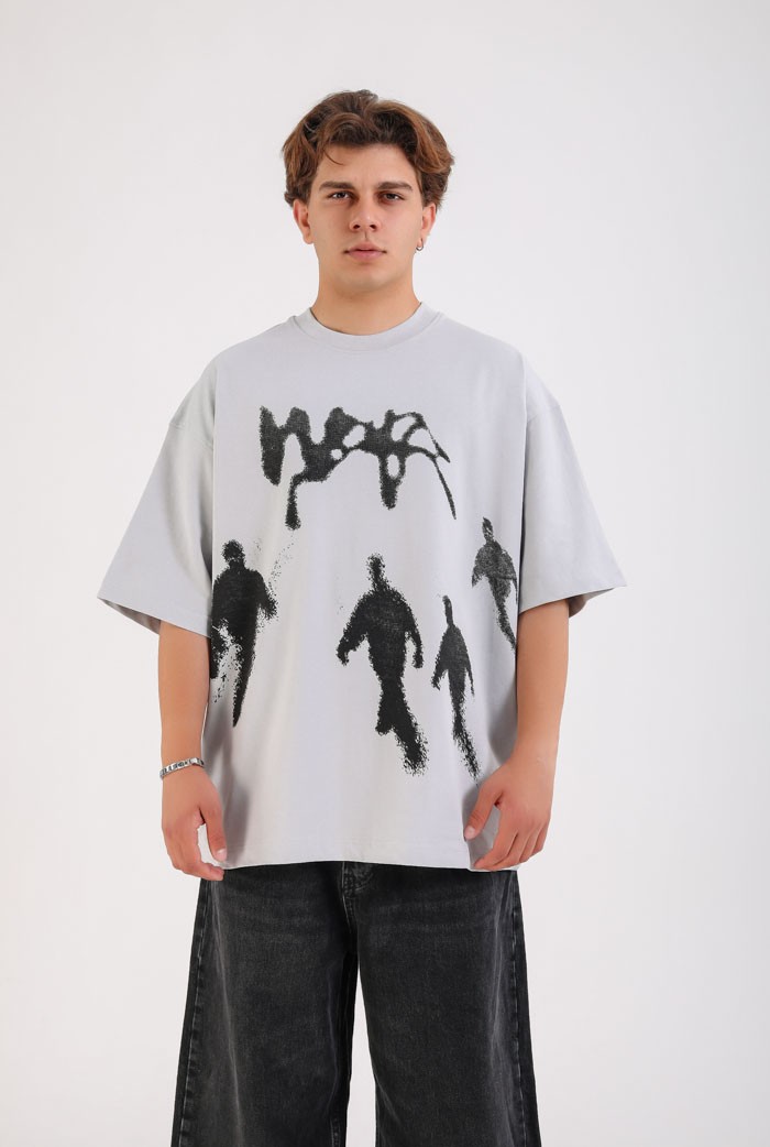 Silhouette Baskılı Premium Oversize Tişört - Gri