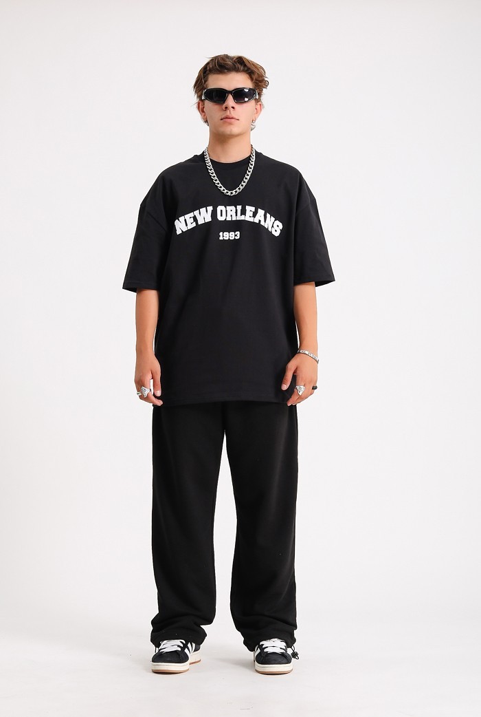 NEW ORLEANS Siyah Baskılı Oversize T-shirt