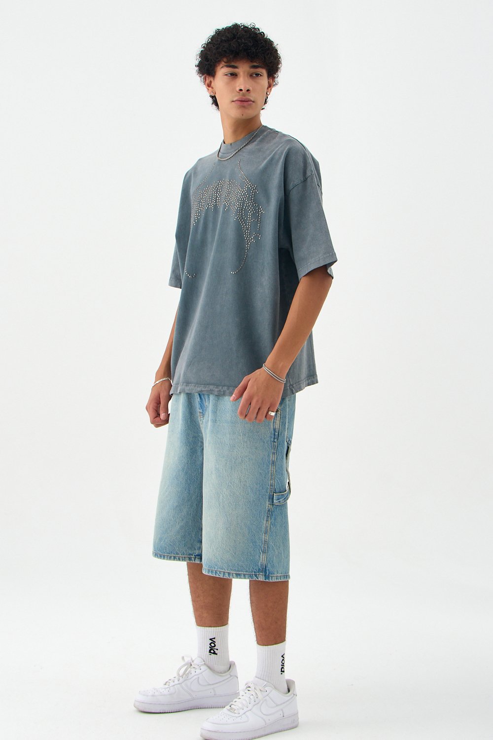 Taş Detaylı Hindu Acid Wash Oversize Tişört