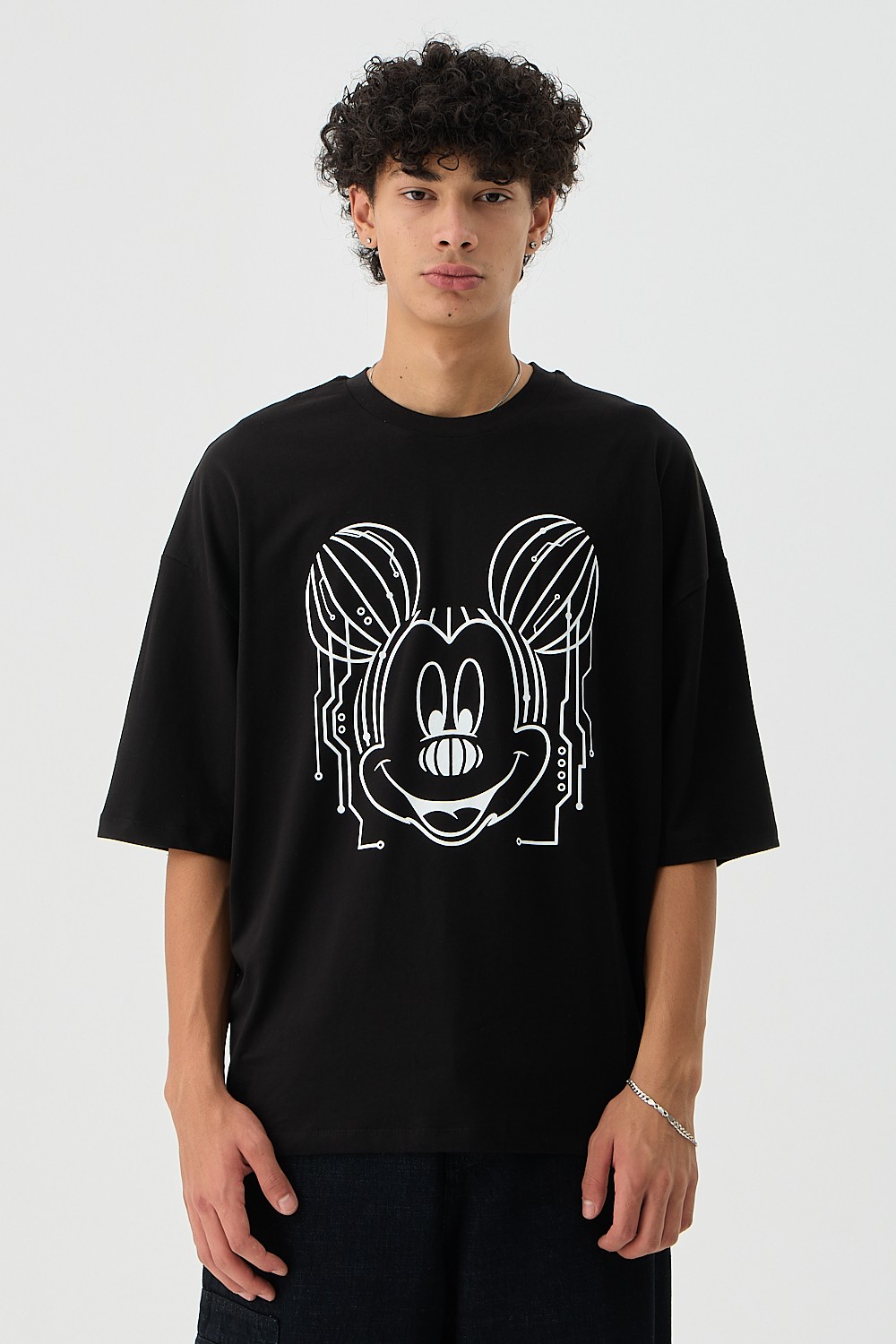 Mickey Baskılı Siyah Oversize Tişört