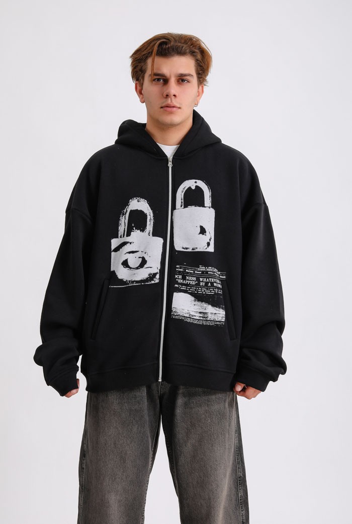 Lock Baskılı Premium Oversize Zip Hoodie