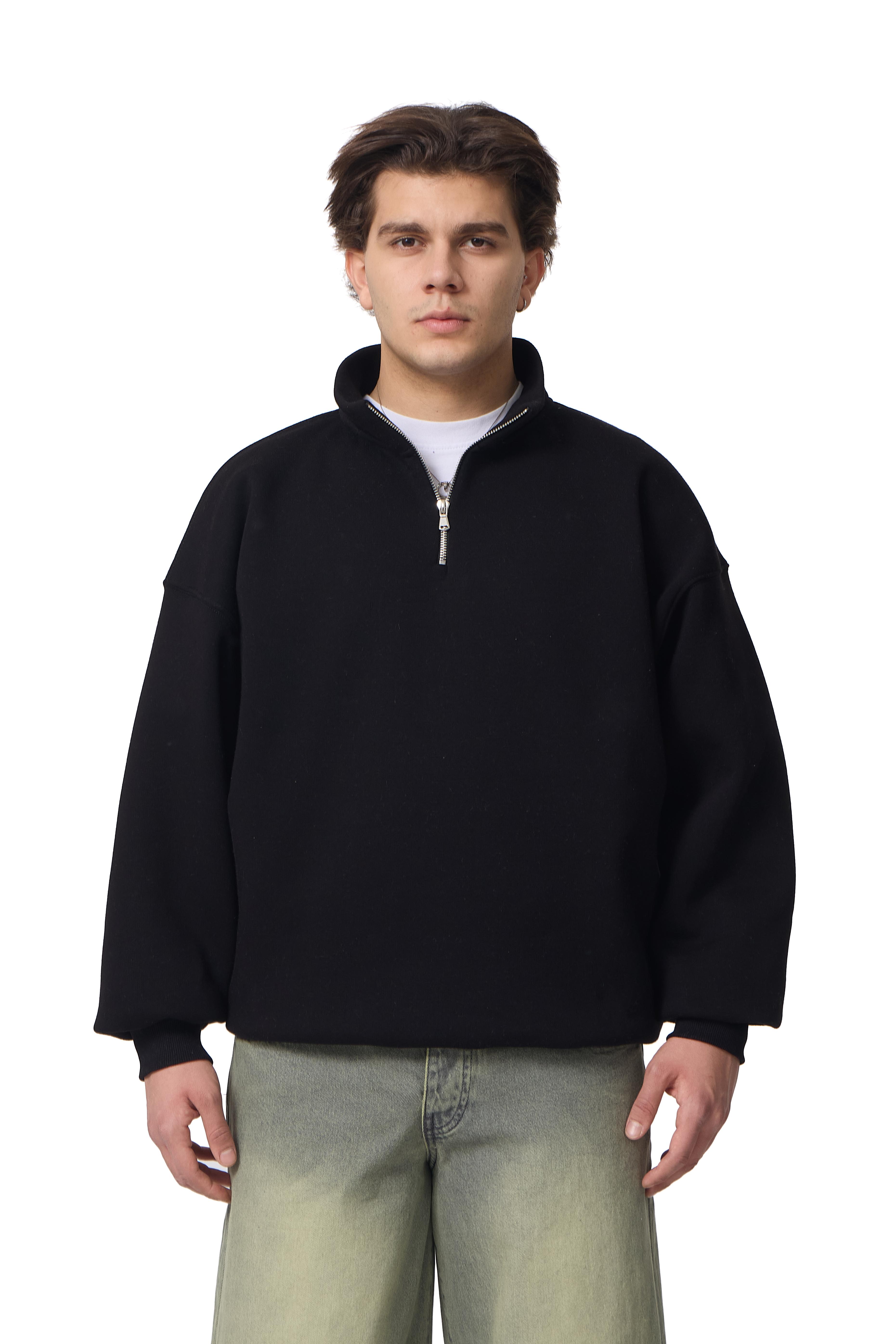 Fermuar Detaylı Basic Half-Zip Oversize Sweatshirt - Siyah