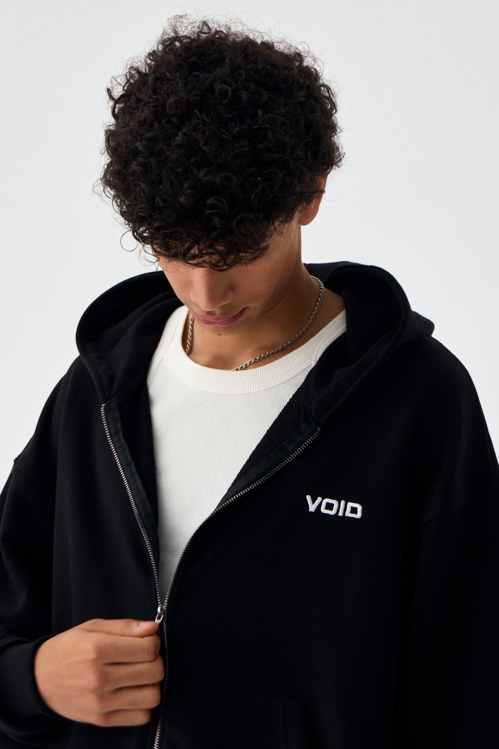 VOID Nakış Detaylı Siyah Premium Oversize Full-Zip Hoodie