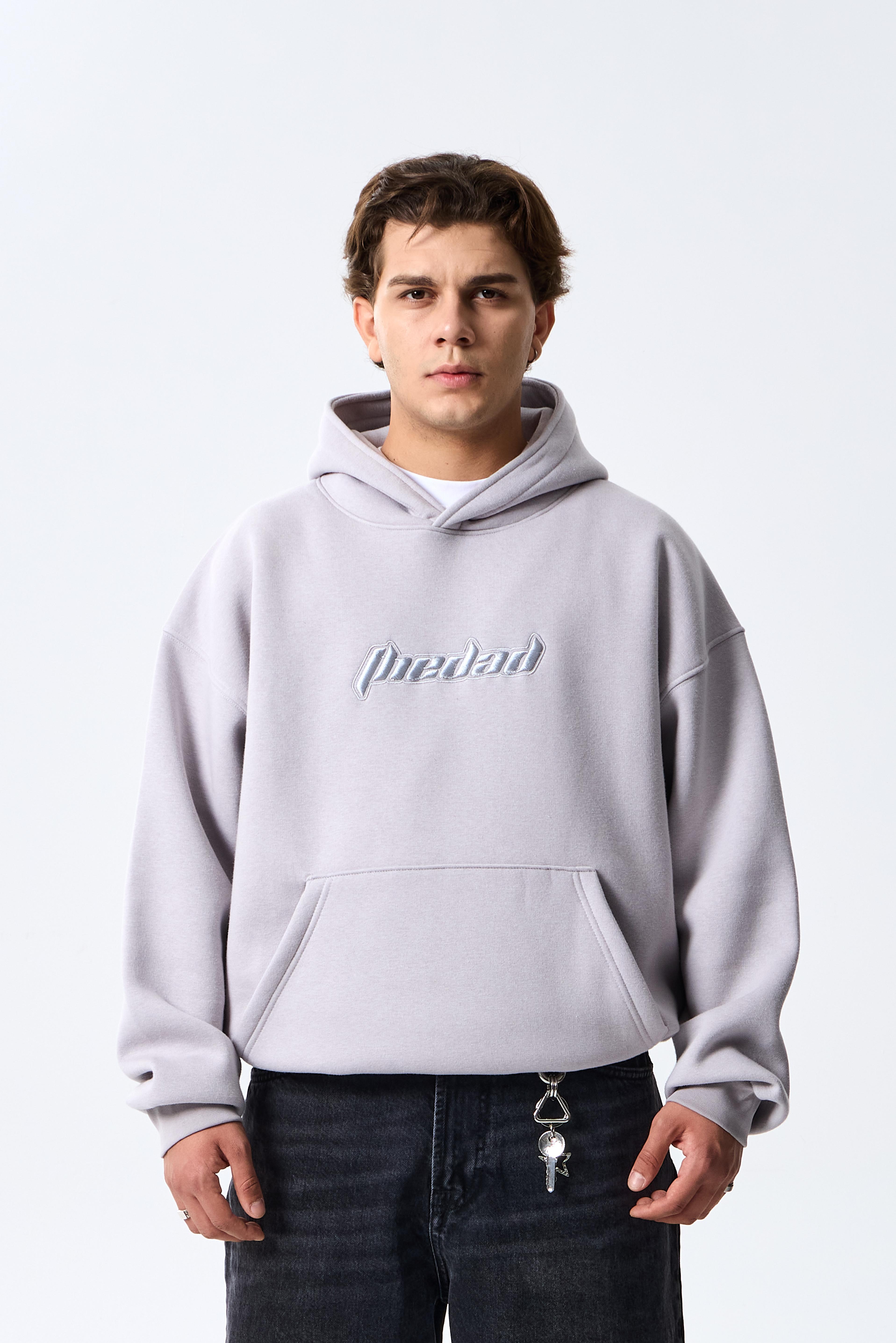 TD Kabartma Nakış Detaylı Taş Rengi Oversize Kapüşonlu Sweatshirt - Taş Gri