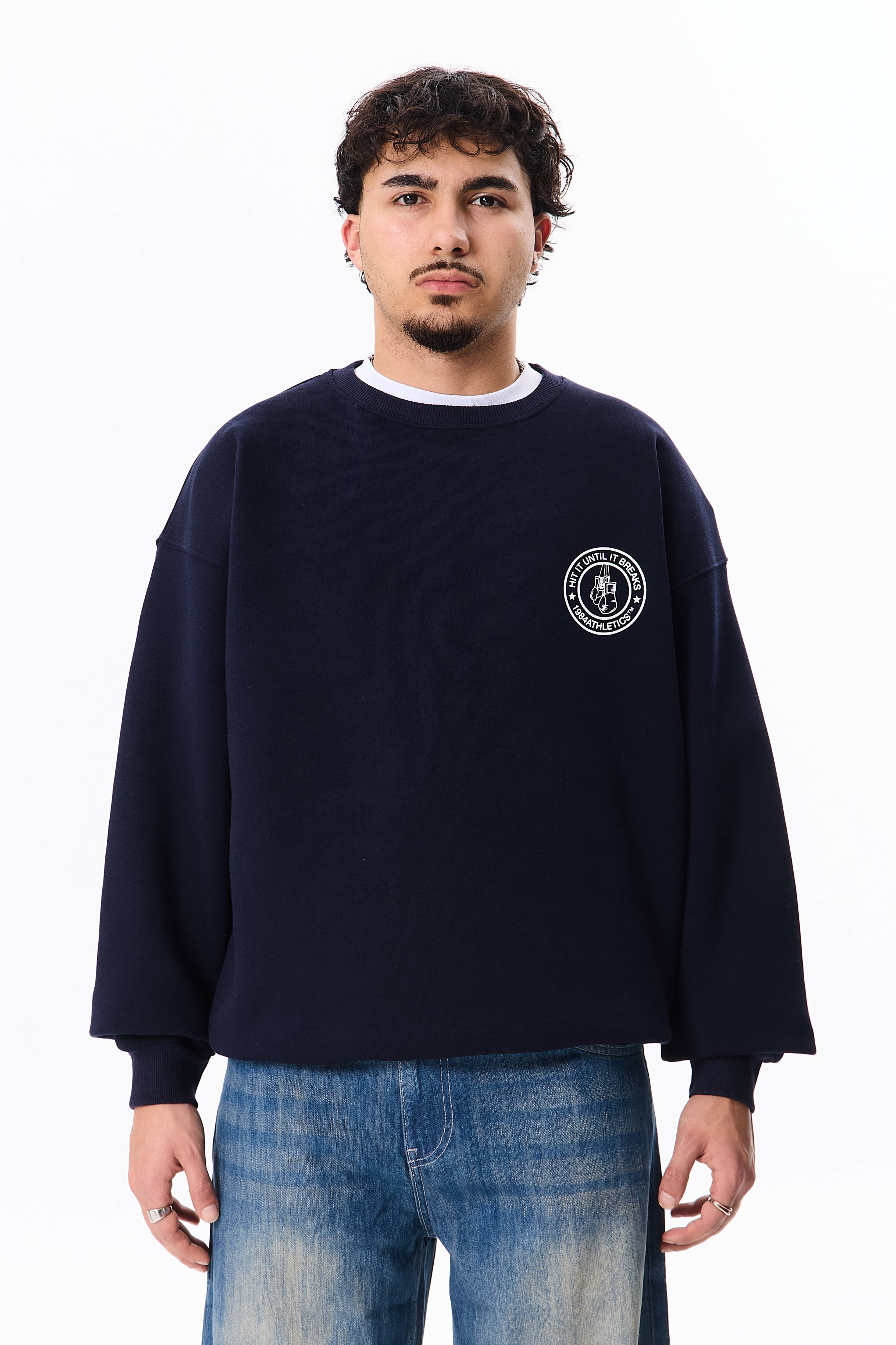 Boxing Club Baskılı Premium Oversize Sweatshirt - Lacivert