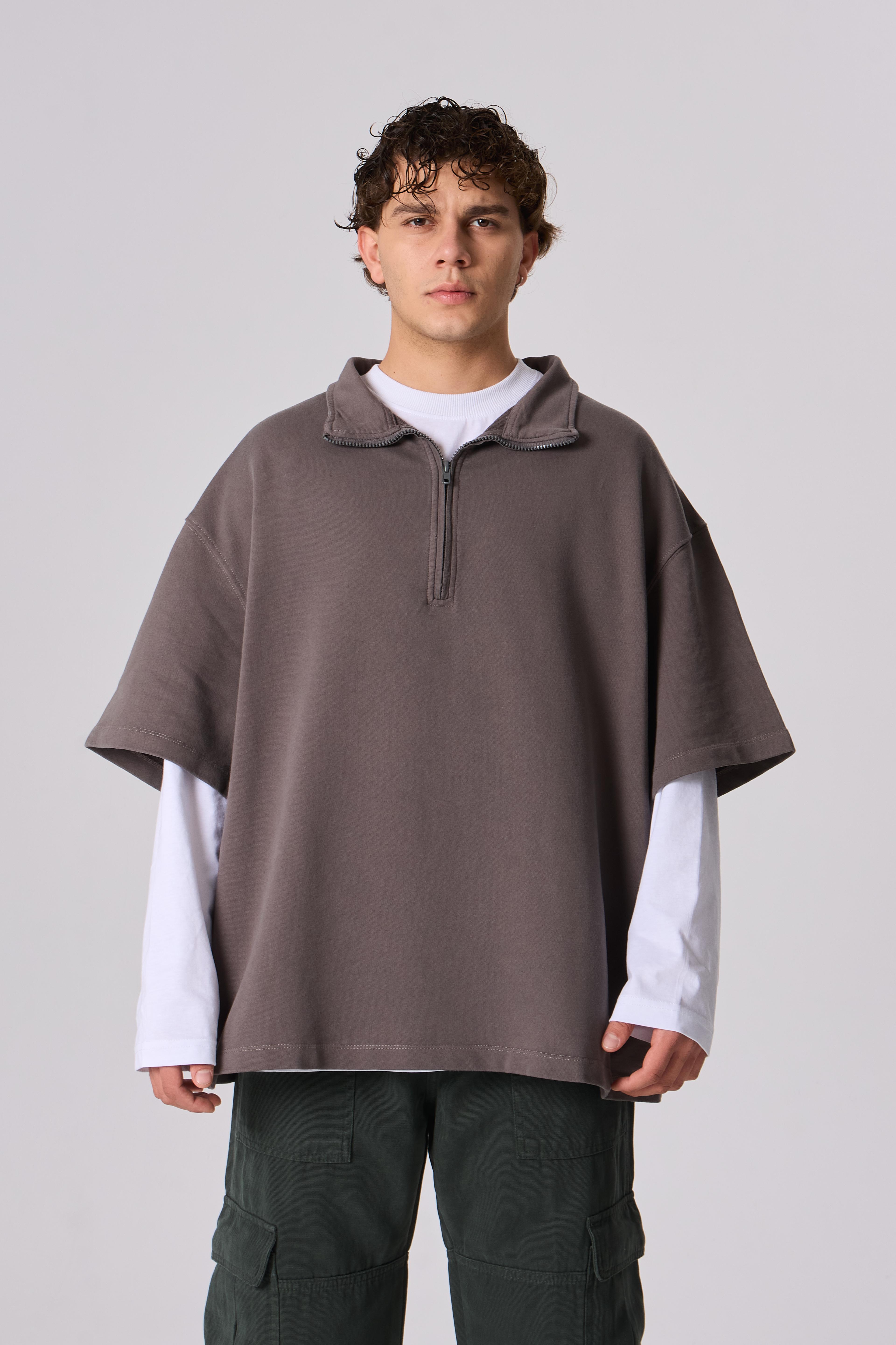 Polo Yaka Half-Zip Basic Oversize Tişört - Taş Gri