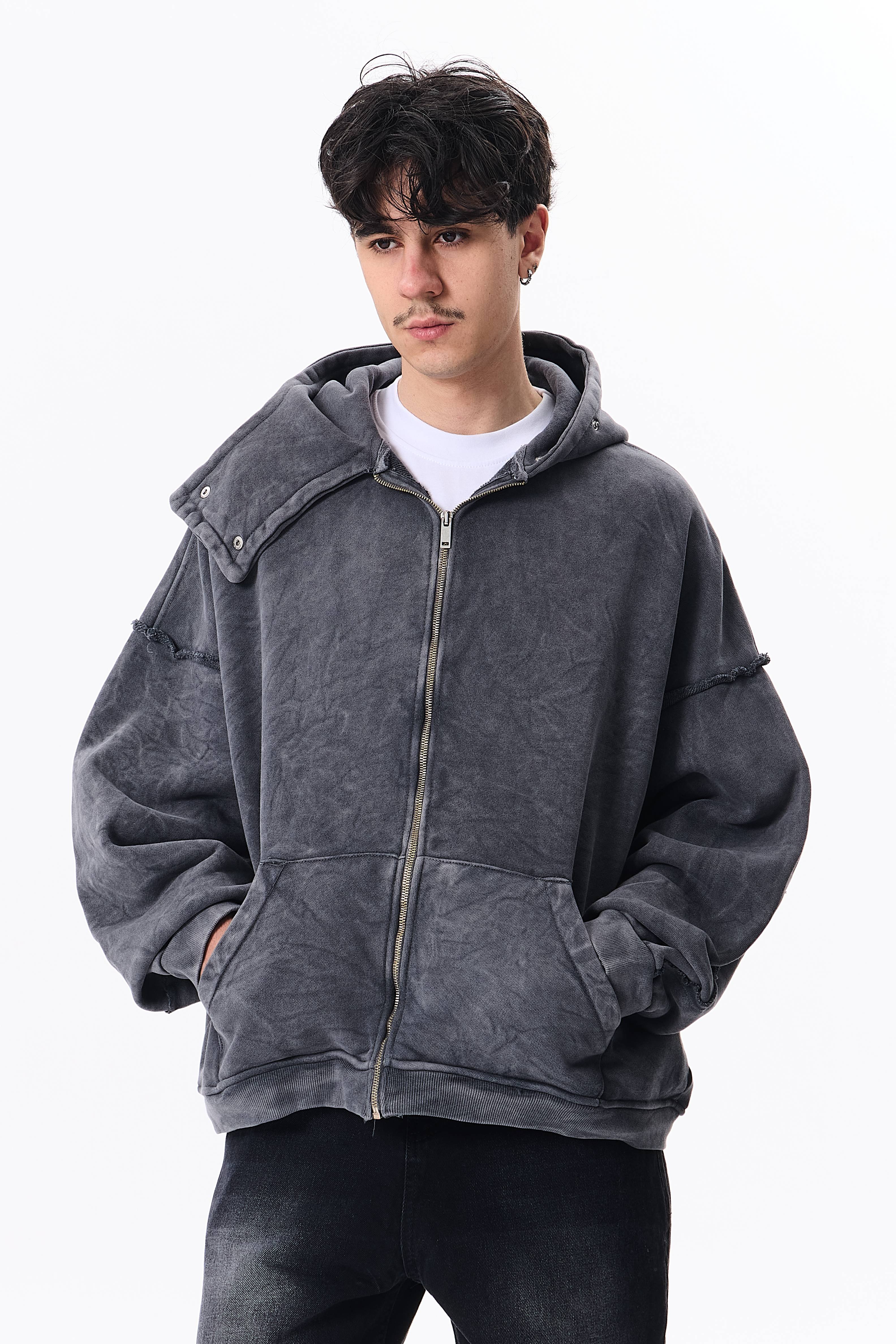 Maske Detaylı Diyagonal Premium Kapüşonlu Oversize Sweatshirt