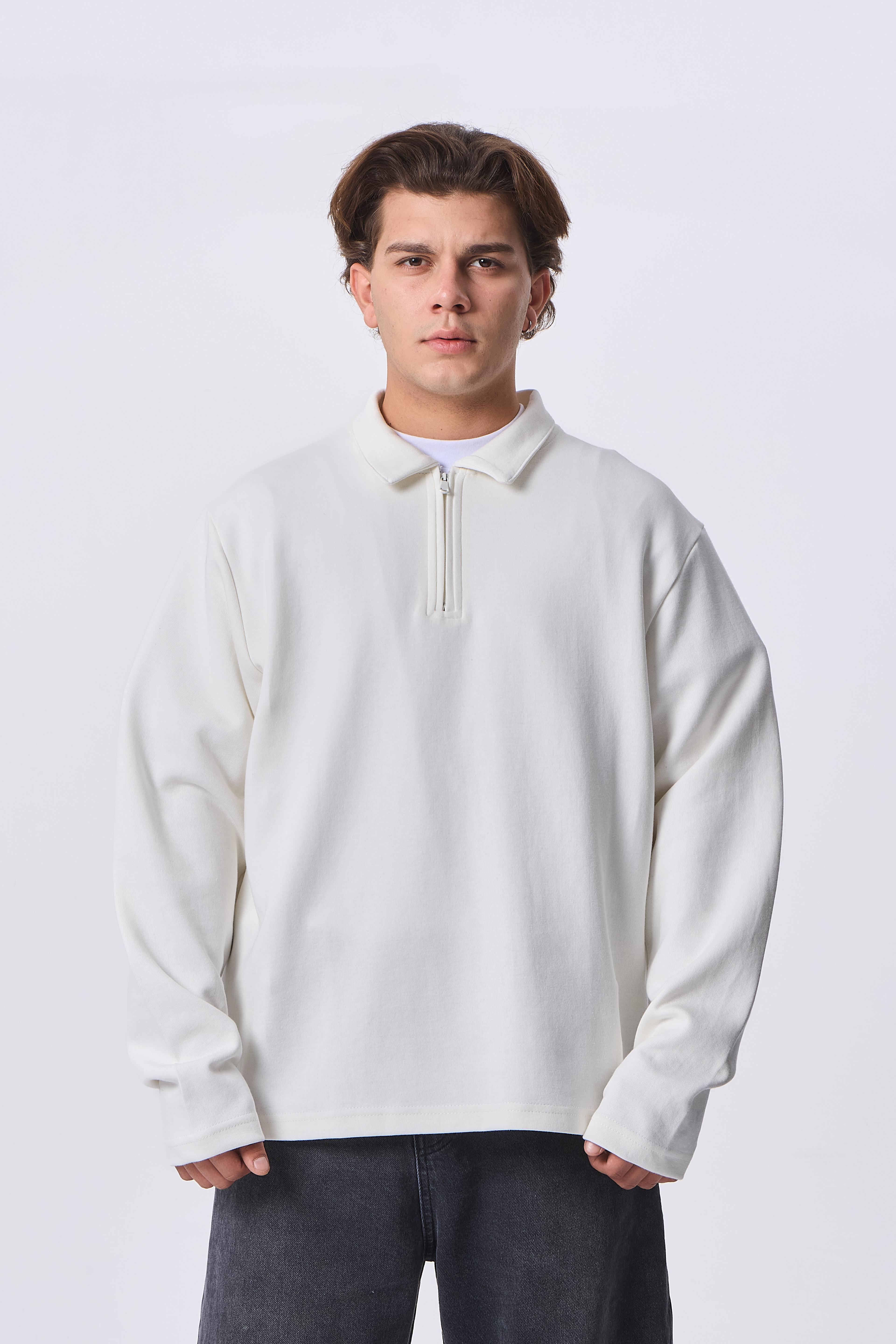 Half-Zip Basic Polo Yaka Sweatshirt - Beyaz