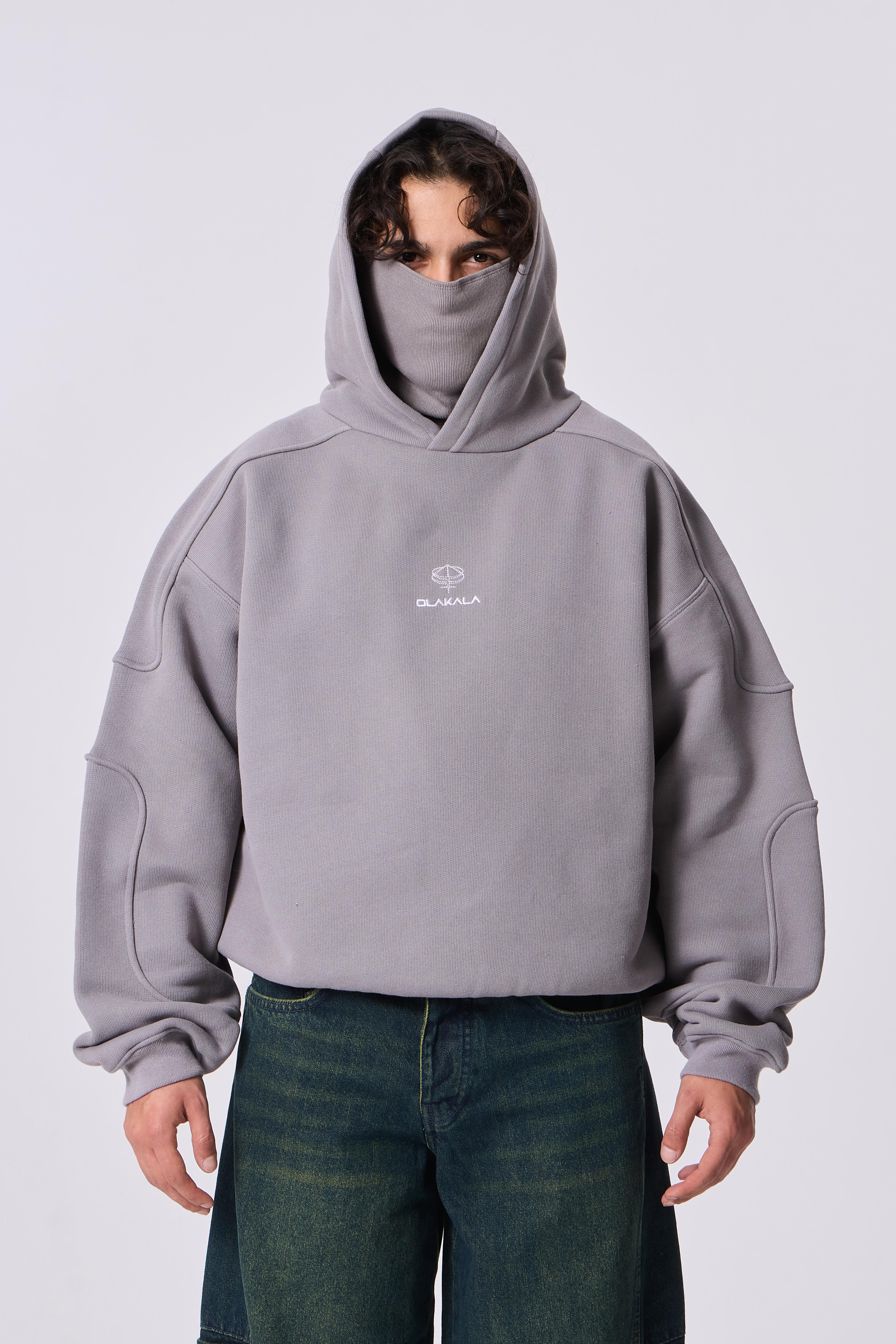 OLK Maske Detaylı Nakışlı Diagonal Kapüşonlu Sweatshirt - Gri