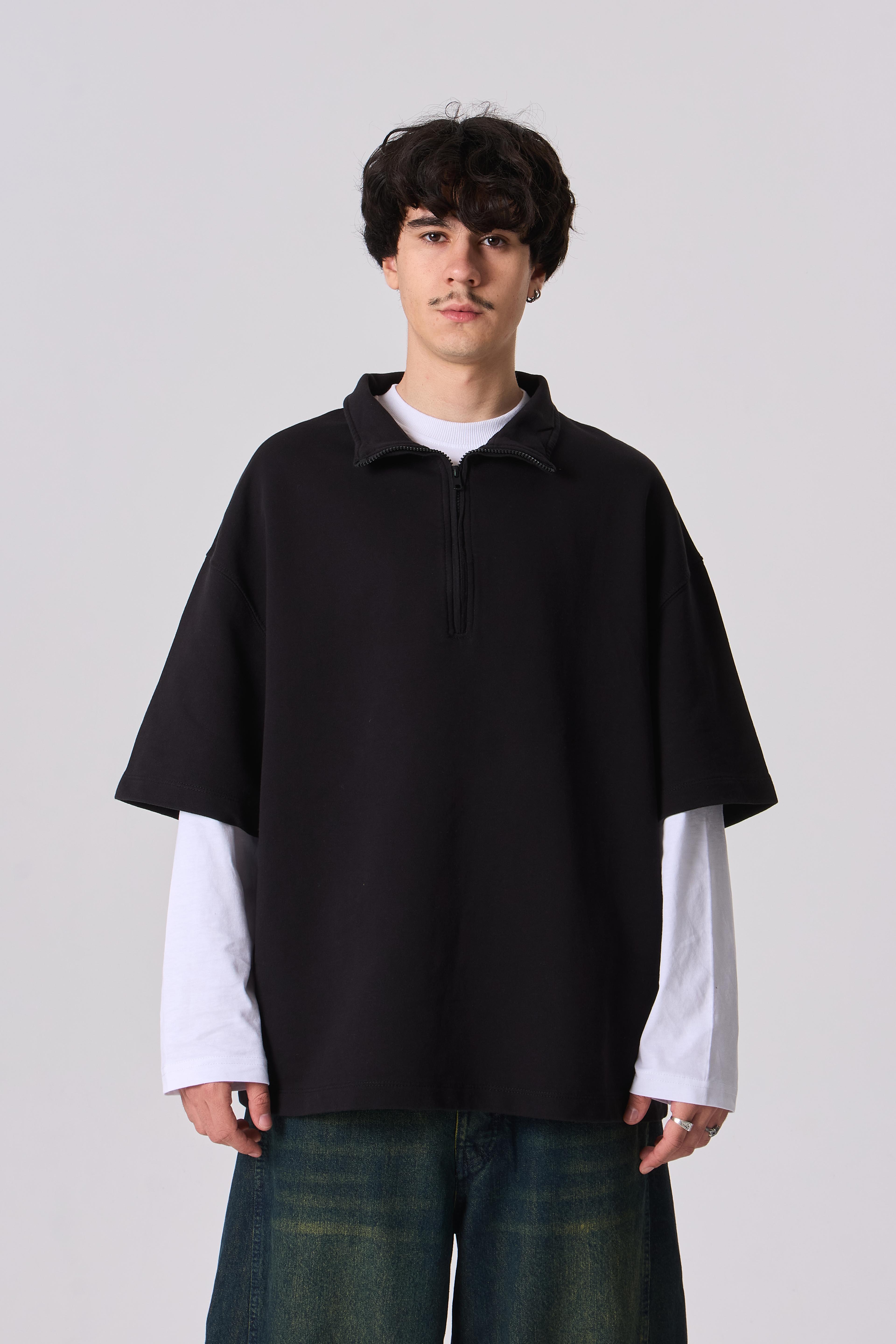 Polo Yaka Half-Zip Basic Oversize Tişört - Siyah