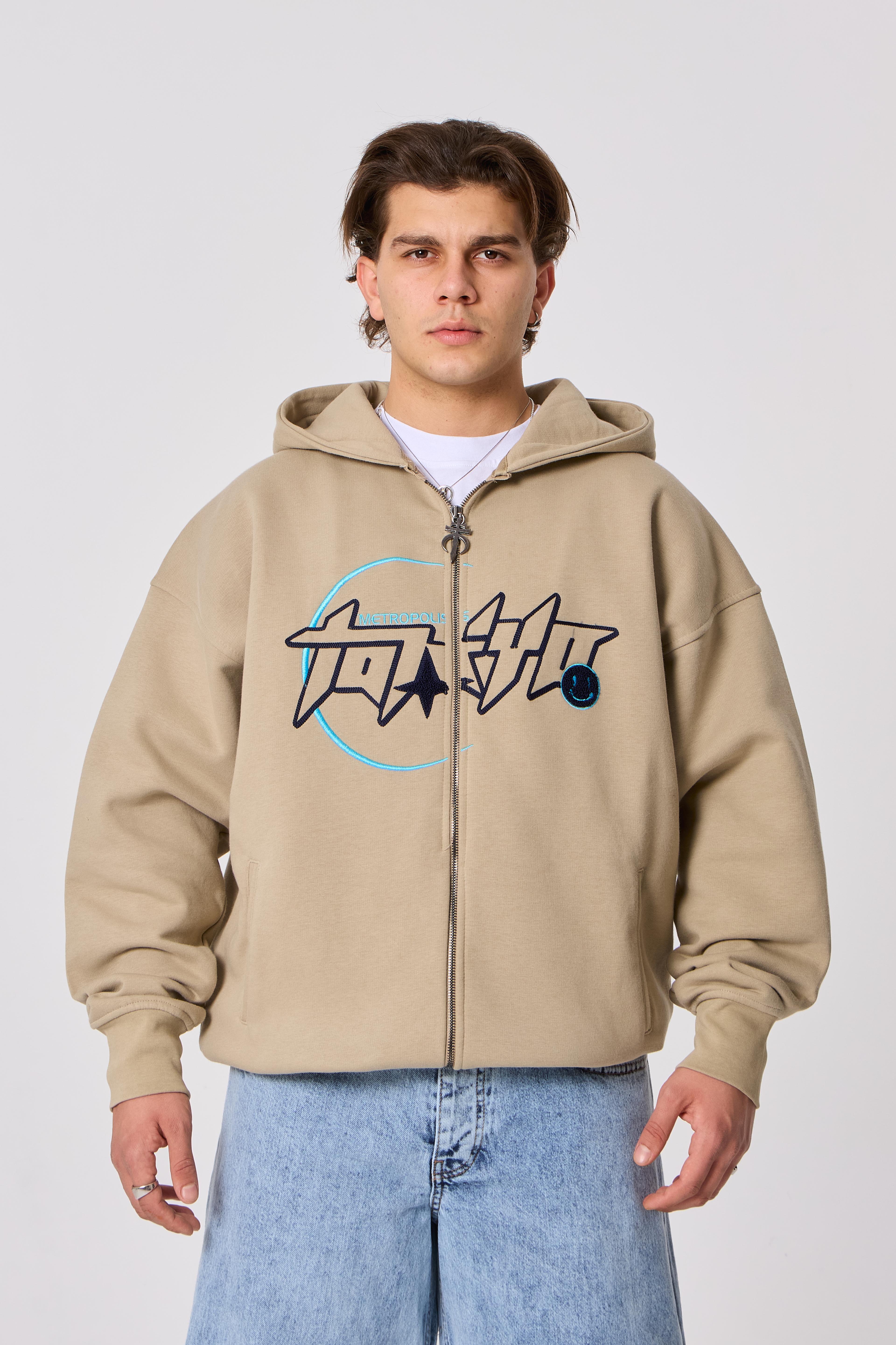 Tokyo Nakışlı Kapüşonlu Oversize Sweatshirt - Bej